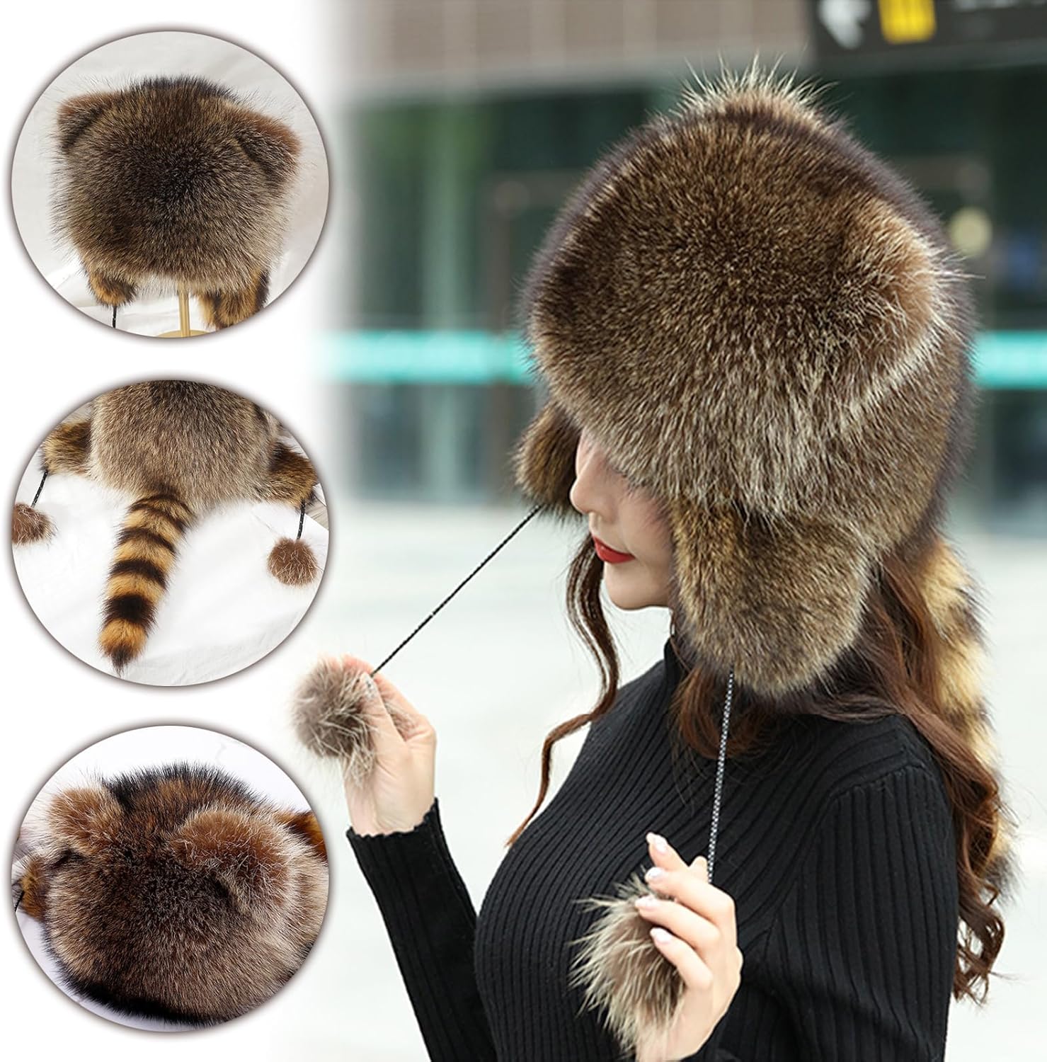 Raccoon Dog Fur Winter Trapper Hat with Ear Flaps & Tail – Russian Winter Hat Cozy Animal-StyleHat for Men Women Kids,L (58~60cm/22.8~23.6in)