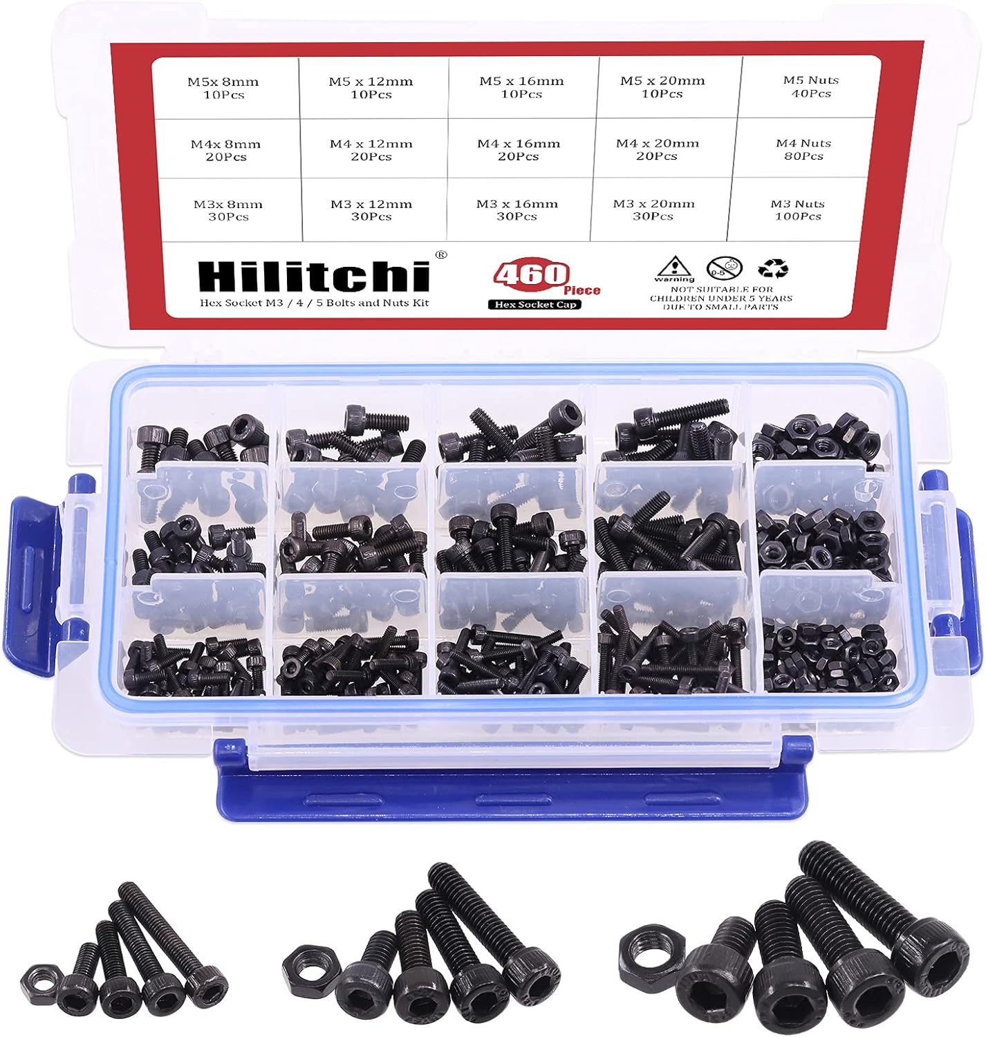 Hilitchi 460-Pcs M3 M4 M5 Button Head Hex Socket Head Cap Bolts Screws Nuts Assortment Kit - 10.9 Grade Alloy Steel