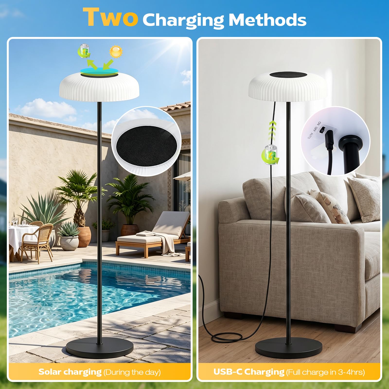 AGOTD Lampada da terra solare per patio esterno, LED senza fili con telecomando, 10 livelli di luminosità, bianco caldo e bianco freddo, impermeabile, ricaricabile da 4000 mAh