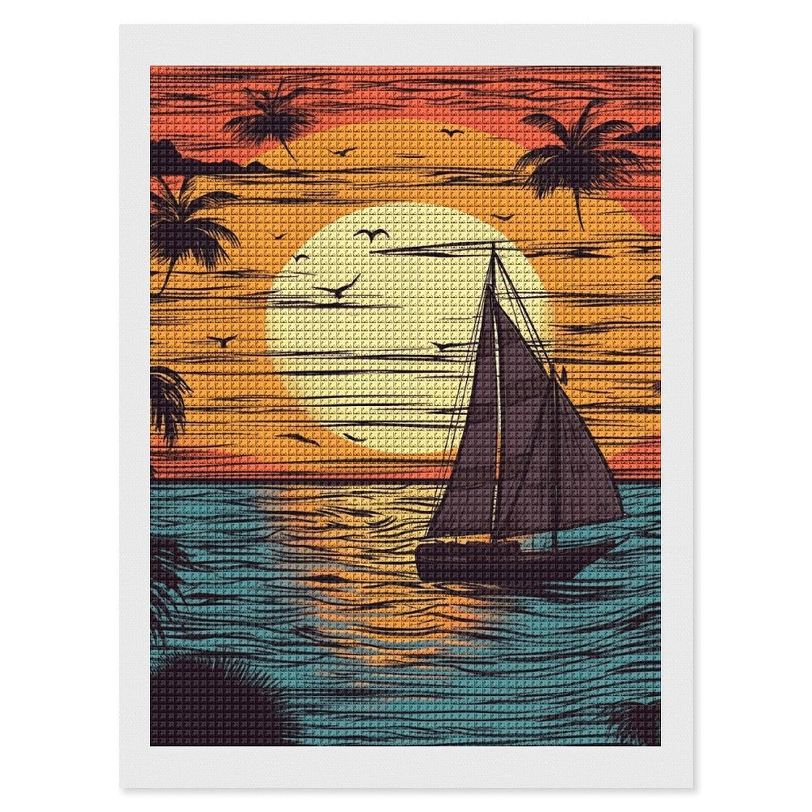 Sunset and Sailboat Diamond Art Kits for Adults, DIY 5D Diamonds Painting Kits for Beginner, Round Full Drill Diamond Dots Painting, 12"x16" Diamonds Pictures Gem Art and Crafts Wall Decor