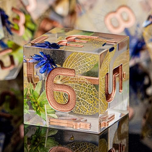 Miniatura 1 de ARUOHHA DND - Juego de dados de resina translúcidos de hoja amarilla con bordes afilados, 7 piezas de inclusiones de flores, dados poliédricos para