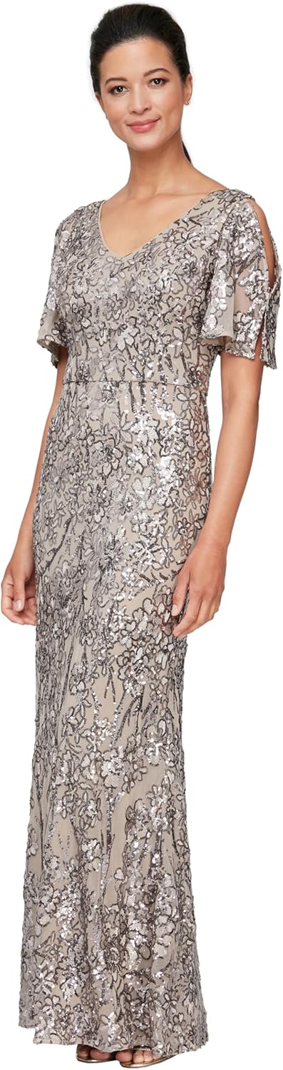 Alex Evenings Womens Long Mother of The Bride Sequin Dress with Cold Shoulder Flutter Sleeves (Petite and Regular Sizes)