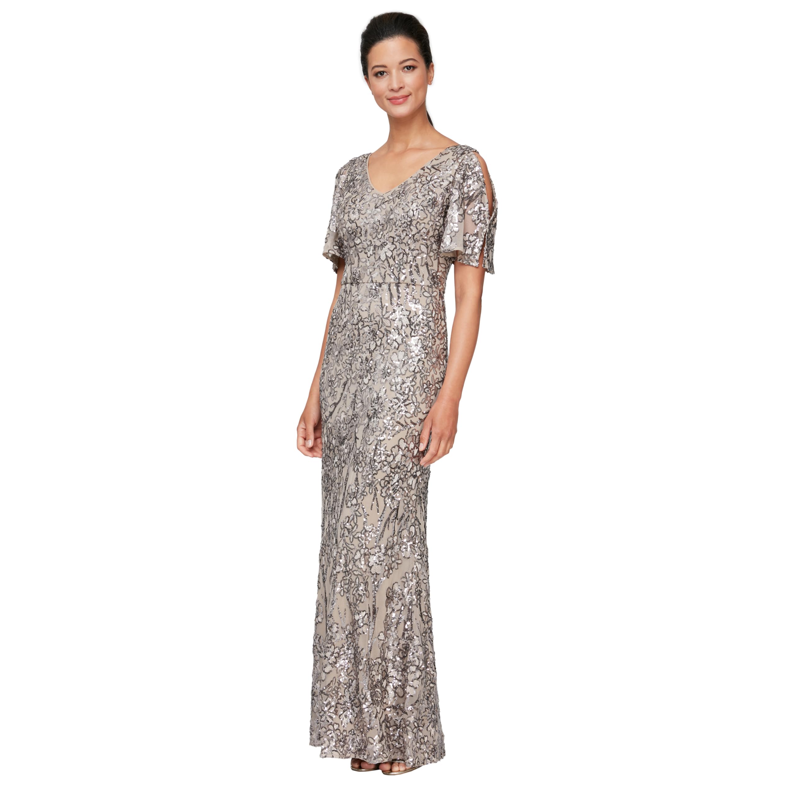 Alex Evenings Womens Long Mother of The Bride Sequin Dress with Cold Shoulder Flutter Sleeves (Petite and Regular Sizes)