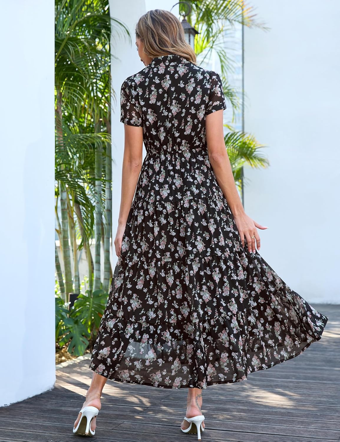 Kranda Women 2026 Summer Collared V Neck Short Sleeve Button Down Chiffon Long Tiered Floral Maxi Dress with Pockets - Image 3