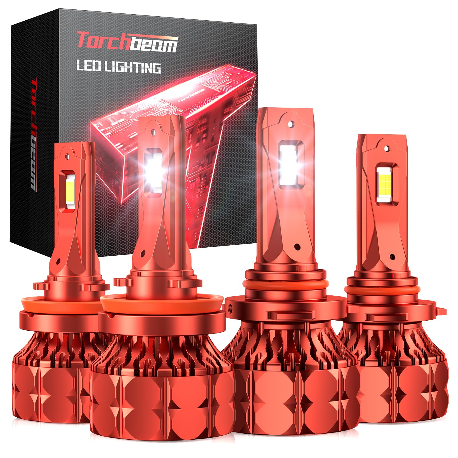 Torchbeam 9005/HB3 H11/H8/H9 Powersports Bulbs, 800% Super Brighter 110W 60000 Lumens 6500K Cool White, Plug and Play Halogen Replacement, Pack of 4