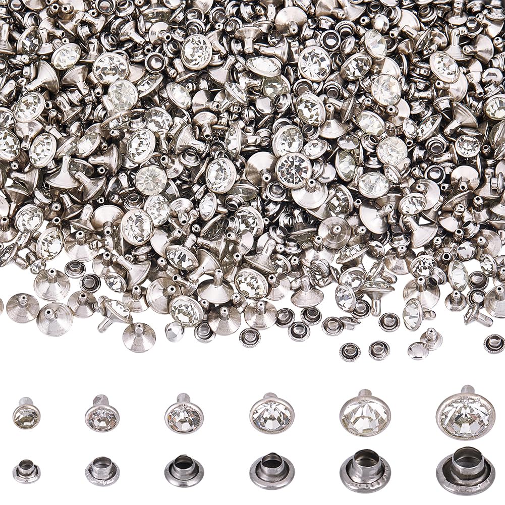 600 Set di 6 Misure di Rivetti Trasparenti con Strass Kit di Rivet | con Cacciavite In Ferro Ottone Platino Doppi Cappucci Borchie Rotonde In Cristallo Punk Rock Metallo per Abbigliamento Tessut