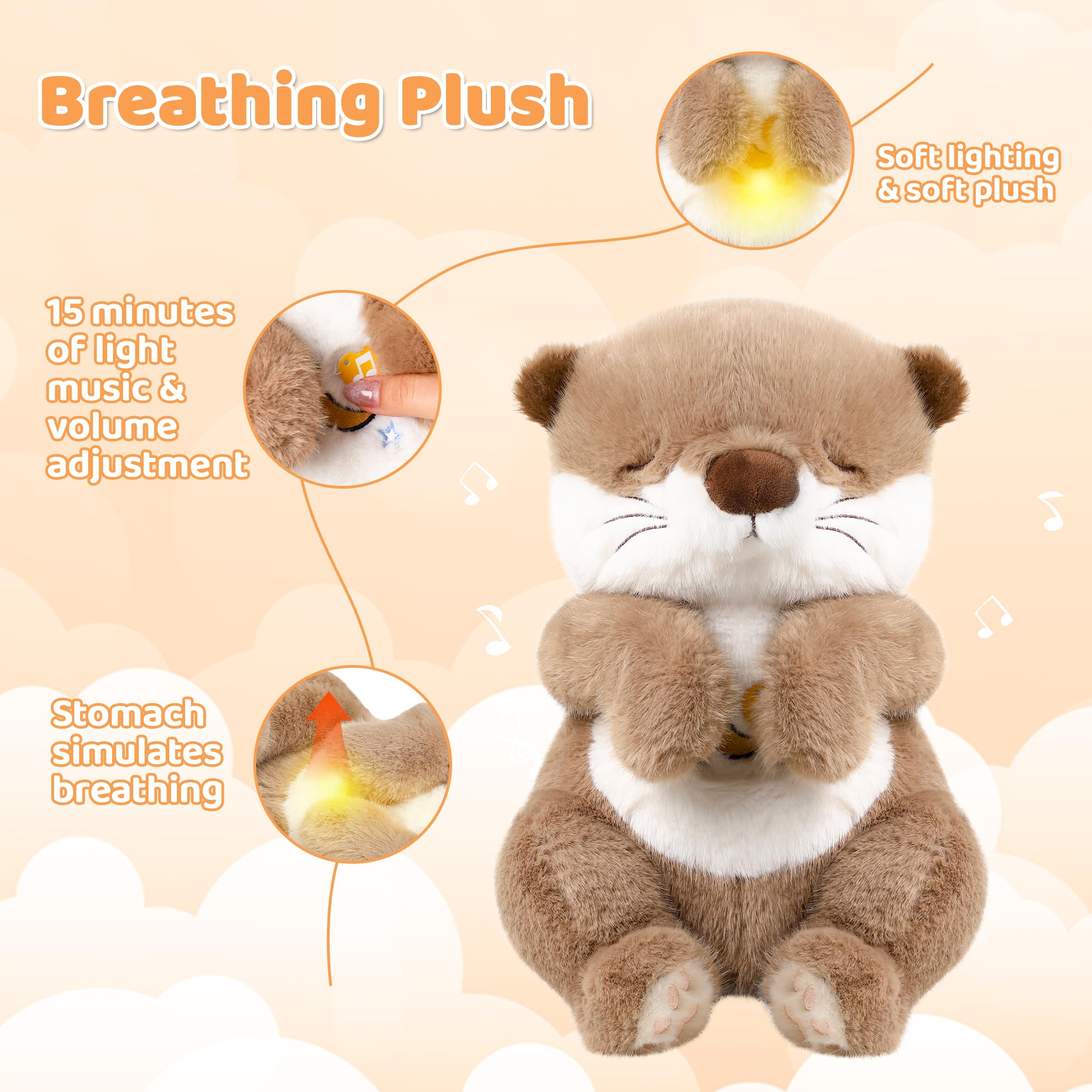 Peluche Nutria con Respiración Simulada, Luz Nocturna y Música Relajante – Muñeco Sensorial para Dormir, Alivia la Ansiedad en Bebés y Adultos (Nutria Bebé)