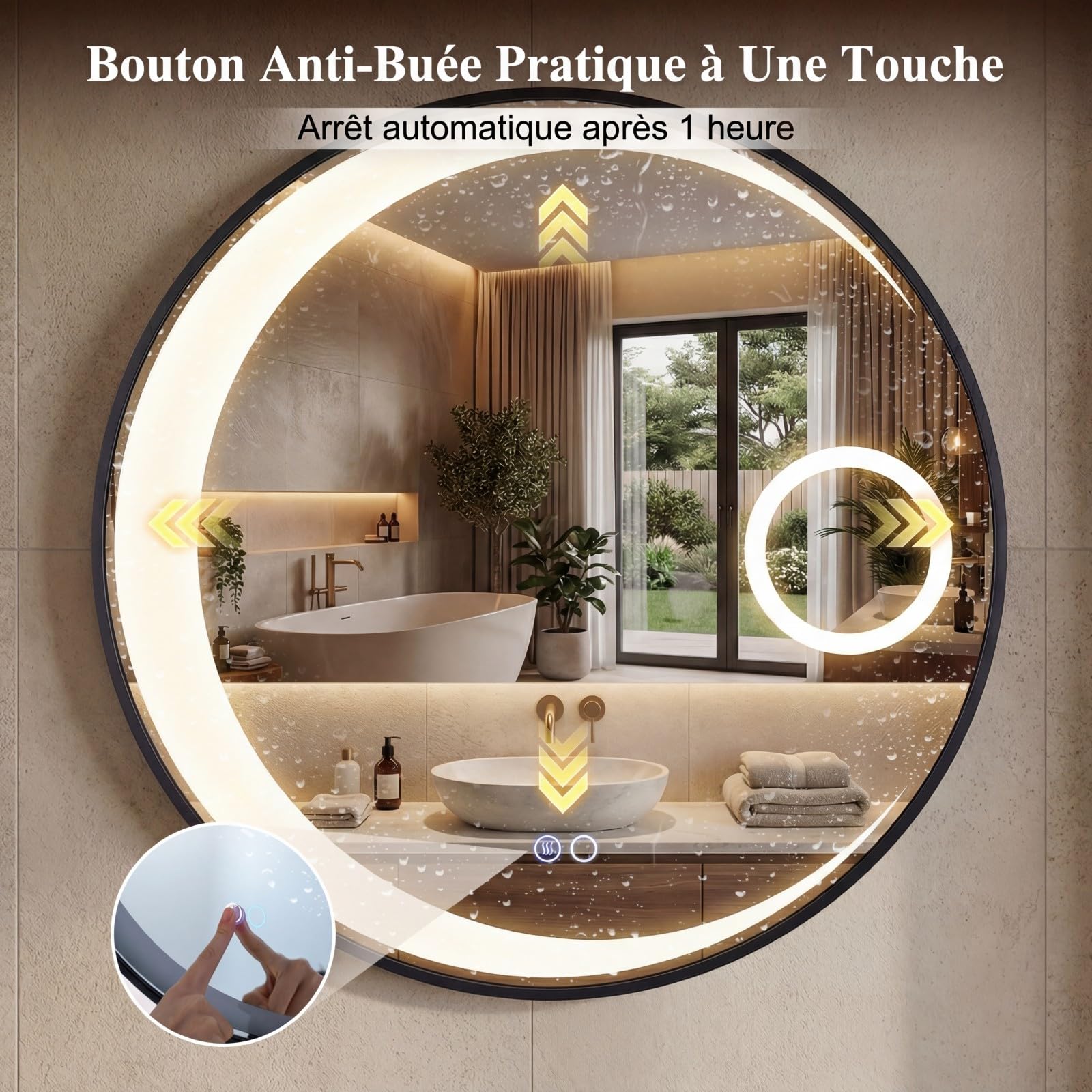 COSTWAY Miroir Salle de Bain avec Eclairage Ø61 cm, Miroir Mural Rond Antibuée, 3 Couleurs de Lumière, Luminosité Réglables, Loupe à Triple Grossissement, Cadre en Aluminium, pour Salle de Bain Hôtel