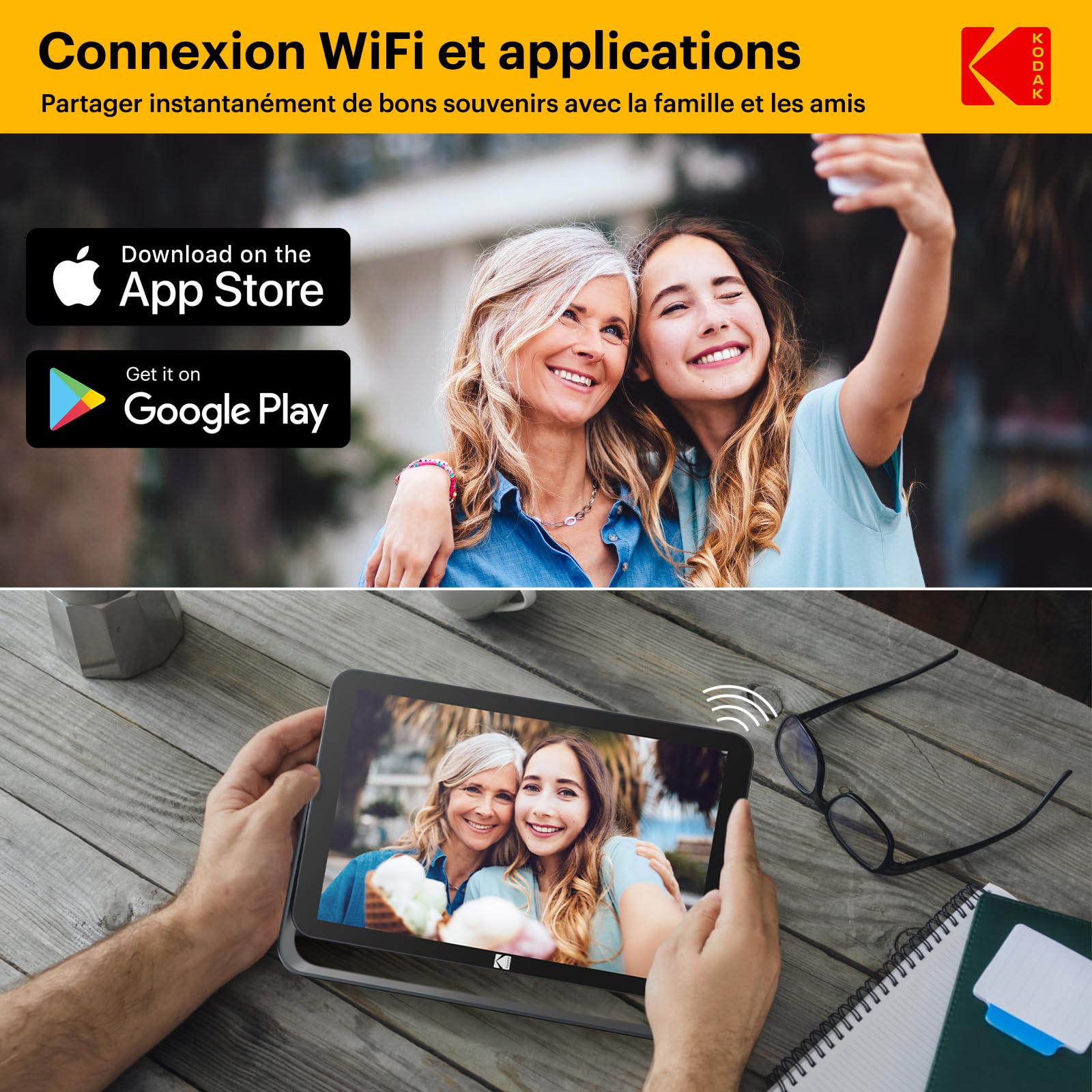 KODAK Cadre Photo Numérique WiFi-10,1 Pouces 1920x1200 IPS HD Écran Tactile, 4000mAh Batterie, 32Go Stockage, Cadre Photo Électronique Permet de Partager des Vidéos/Images, Utilisable sans Fil