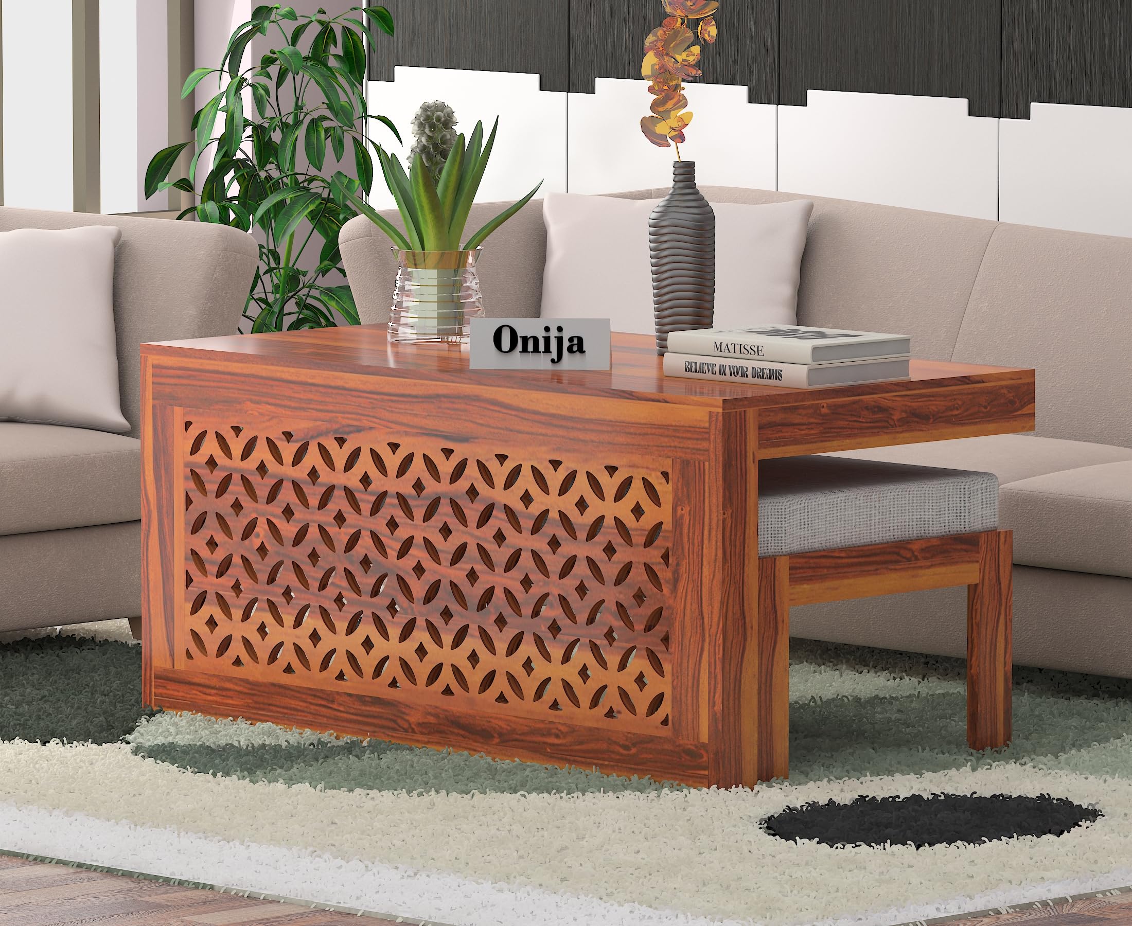 ONIJA Sheesham Wood Center Coffee Table with 2 Stools for Living Room Outdoor || Wooden Centre Teapoy Tea Table with Stool for Home Office (Honey Finish)