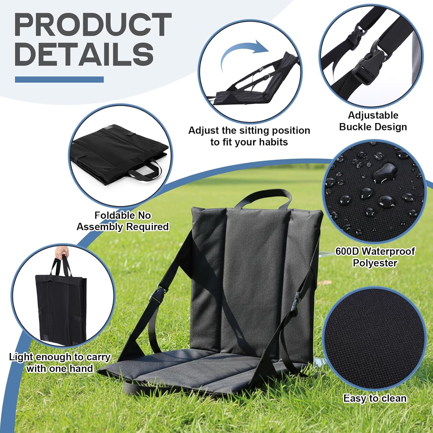 Briwooody 2 Packs Stadium Seats with Back Support Foldable Portable Bleacher Chairs with Adjustable Strap, Bleacher Chair with Back and Cushion for Sport Event, Hiking, Fishing, Camping