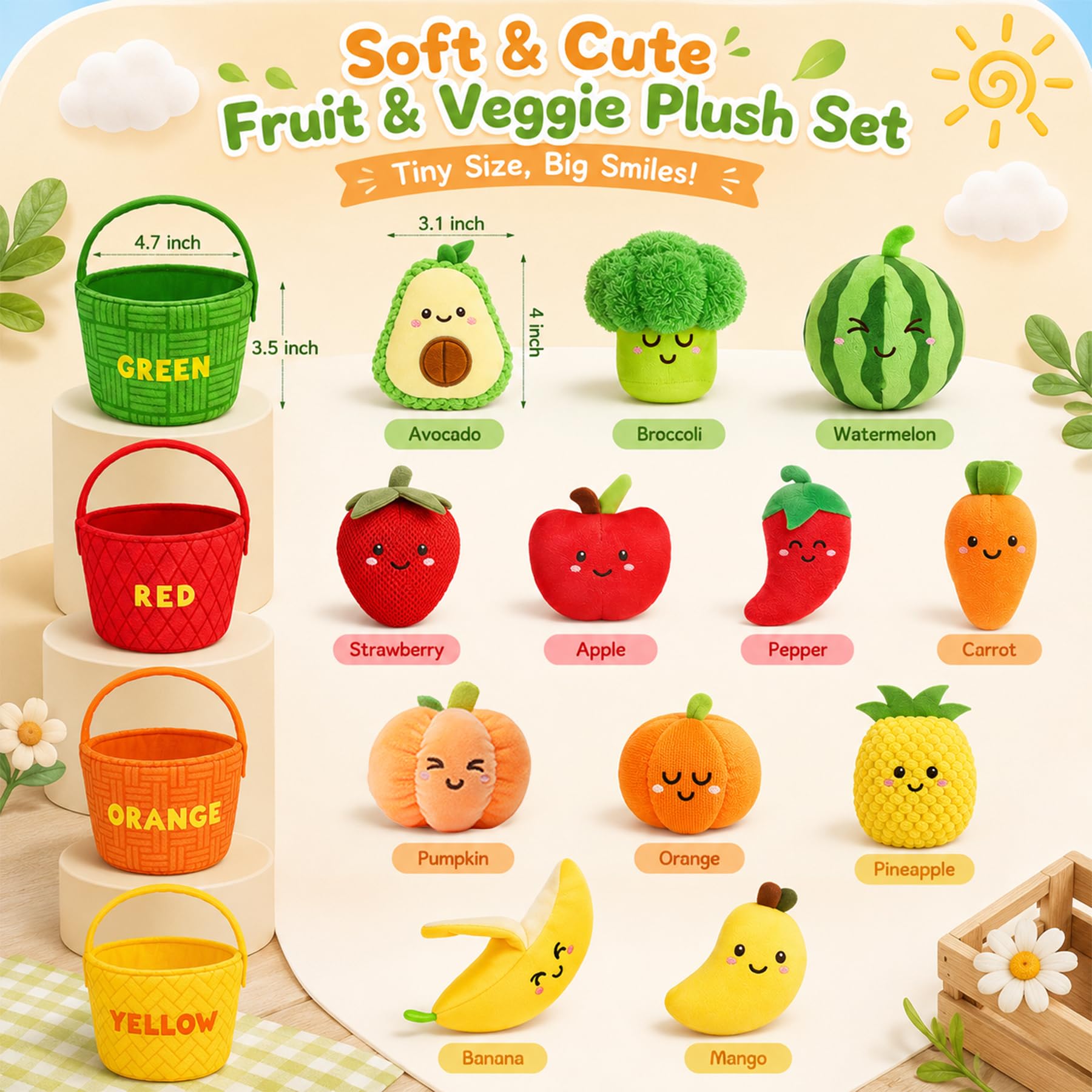 Sensory Toys für Babys, 6–12 Monate, Montessori-Spielzeug für Kleinkinder, 16 Stück, weiches Plüsch, Obst und Gemüse mit Knistern, Rassel und Farbsortierung, feinmotorisches Lernspielzeug, Geschenk