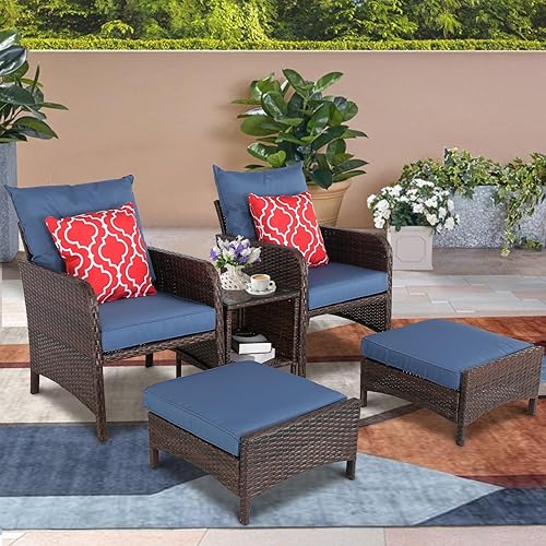 Miniatura 4 de Furnimy Balcony Furniture - Juego de 5 sillas de mimbre para patio al aire libre con otomana de mimbre de polietileno con cojines extraíbles para