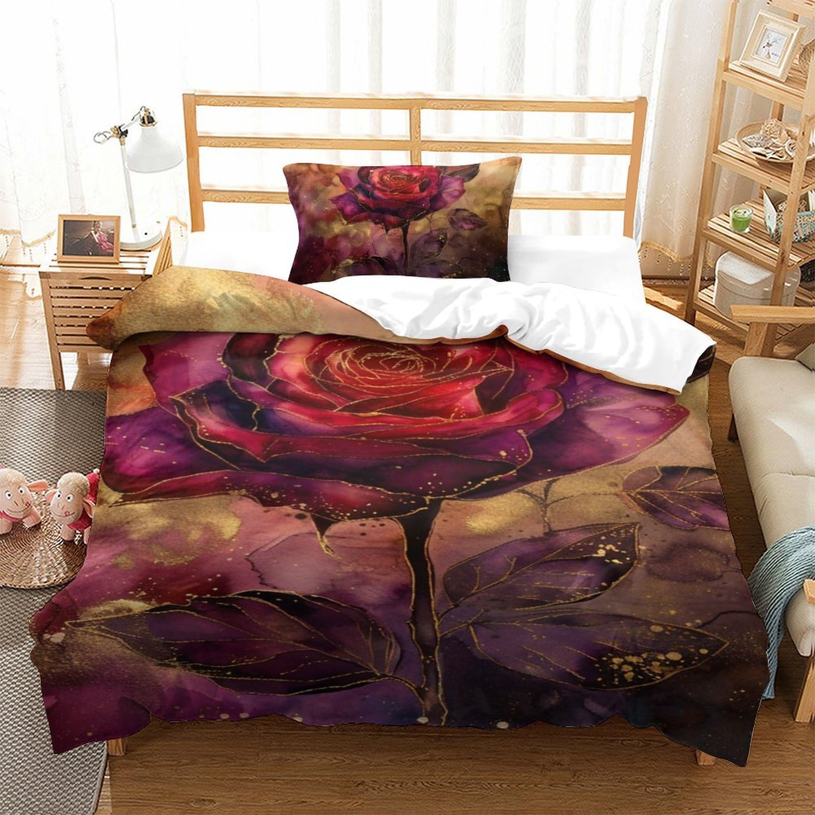 Housse de couette roses 3D anti-plis en microfibre douce avec zip pour lit enfant