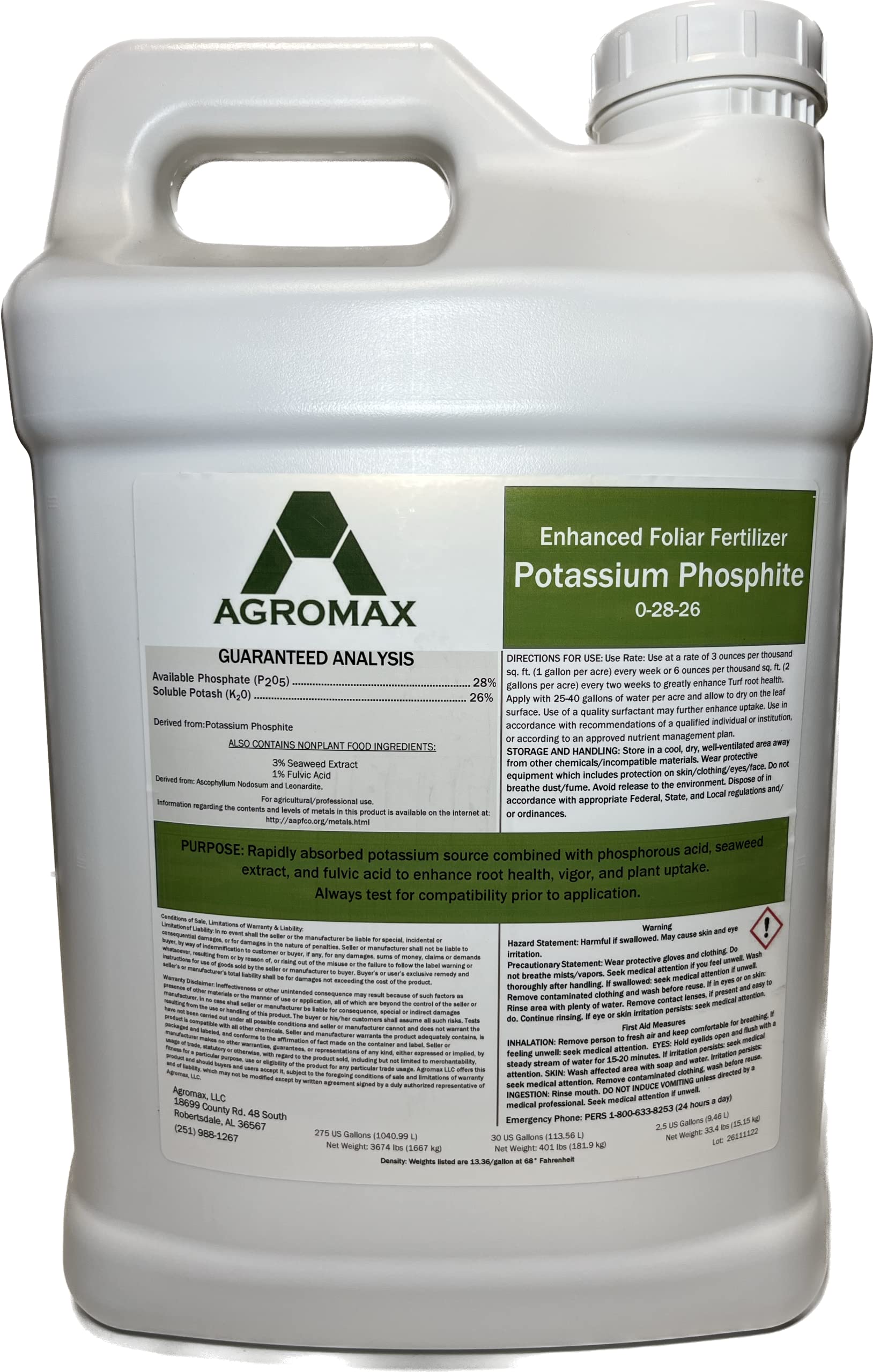 Amazon.com : 0 28 26 (2.5 Gallons) by AGROMAX - Potassium