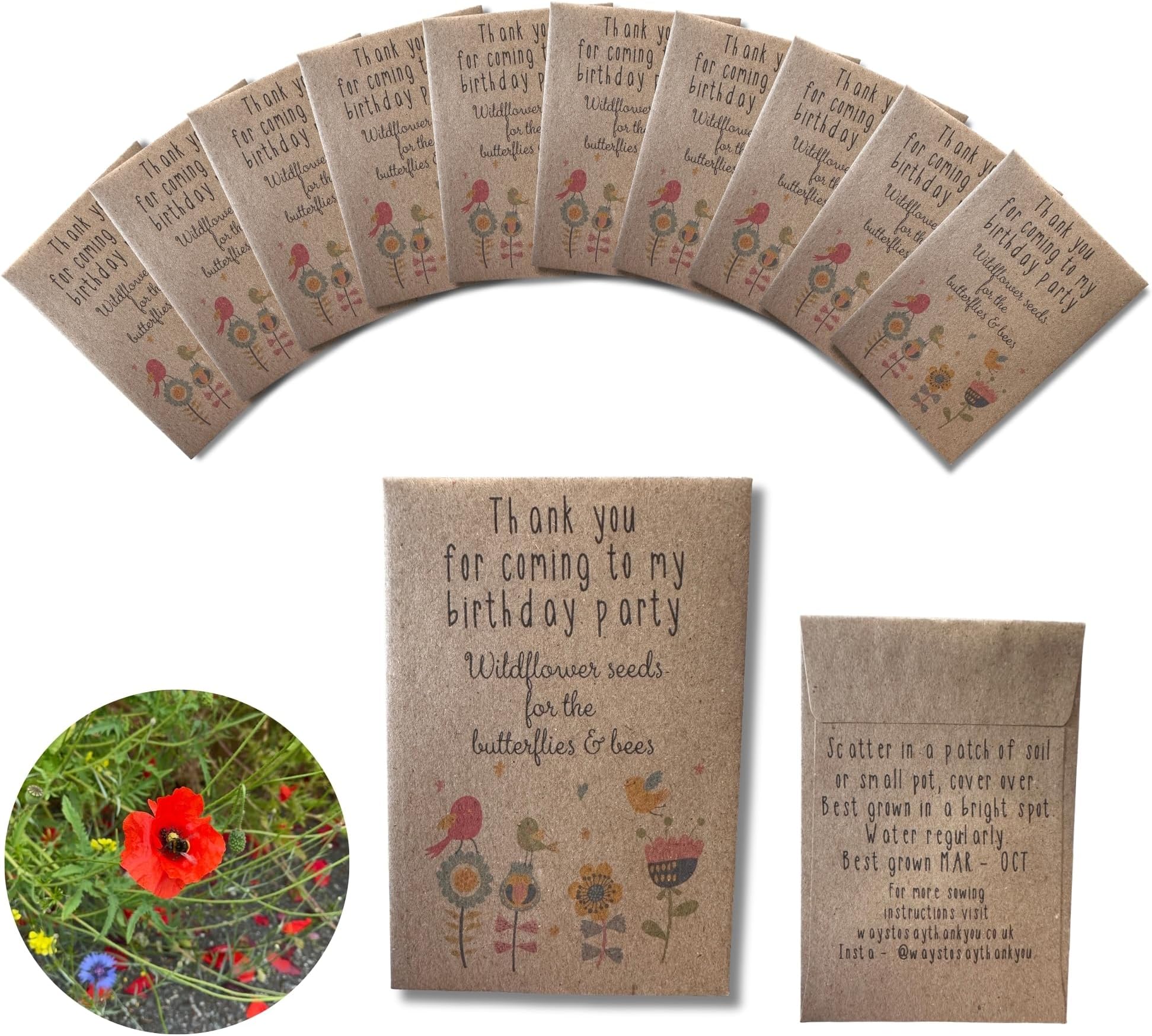 Wildflower Seed Packets x20 - Personalised Birthday Gifts for Guests | UK-sourced native wildflower seed mix. Eco-friendly keepsakes, event gifts, made in the UK.