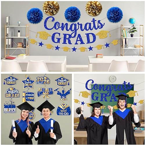 Miniatura 4 de Decoraciones de fiesta de graduación, pancarta de graduación y remolino colgante (azul y dorado)