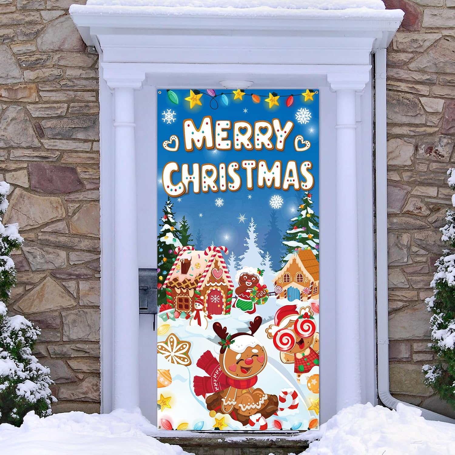 HOWAF Gingerbread Door Cover, Christmas Door Cover, Christmas Door Banner for Xmas door decorations Party Favor Supplies, Gingerbread Man Door Backdrop Photo Booth