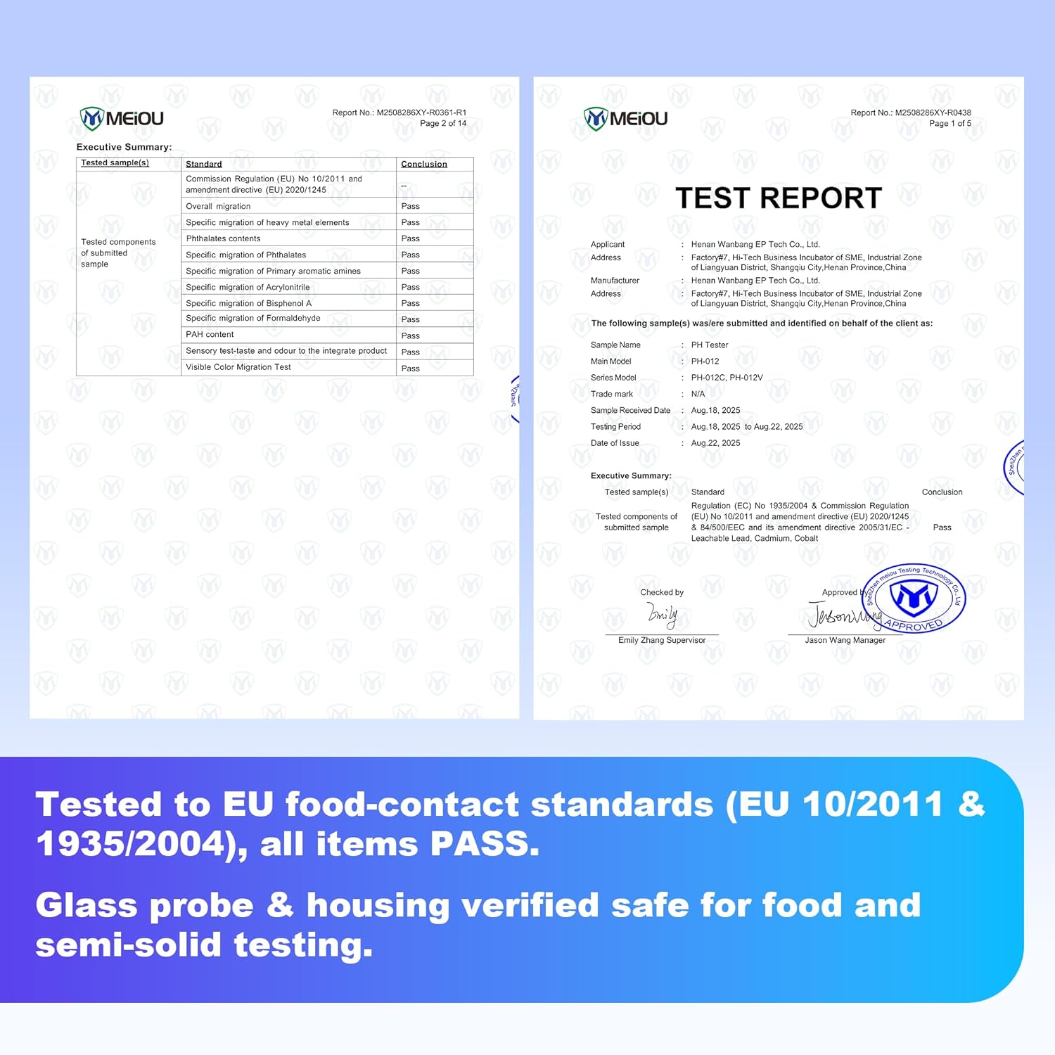 Food pH Meter for Semi-Solid & Liquid Foods, Food-Contact-Safe Housing, ±0.01 Accuracy, ATC, Waterproof, Color LCD, 3 Calibration Solutions Included