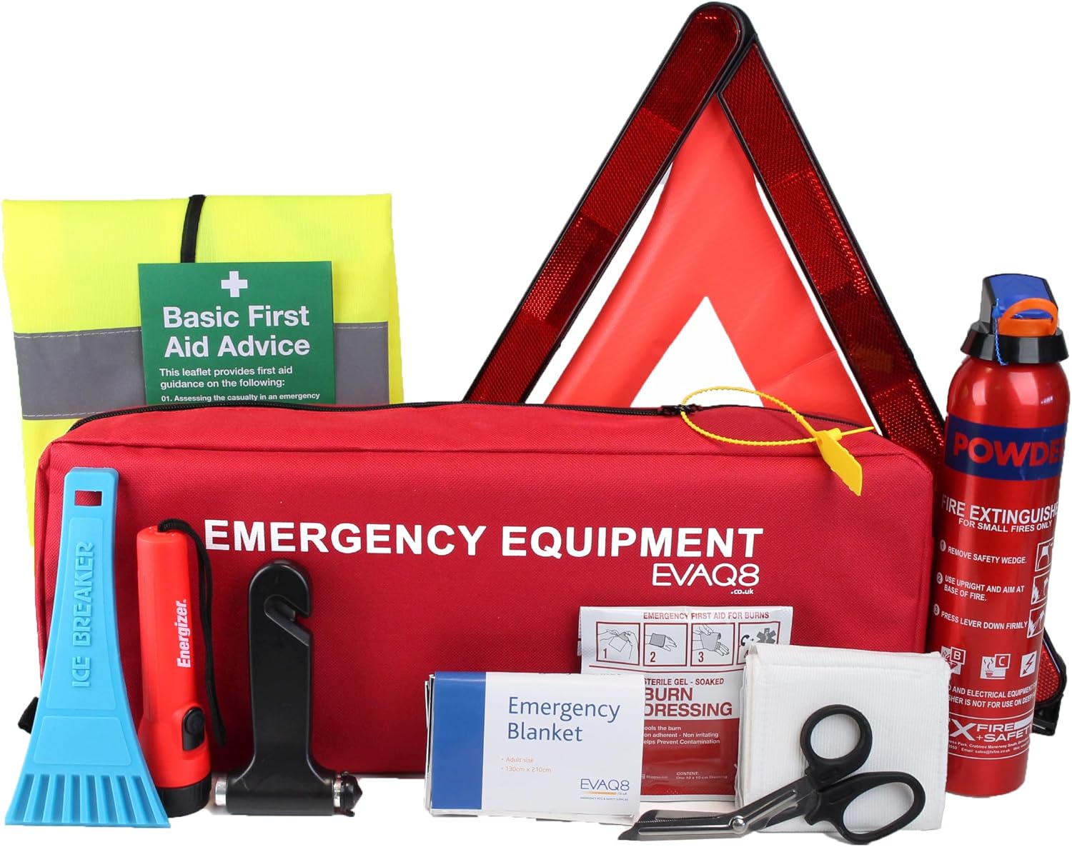 EVAQ8 Advanced Car Safety Kit with BSI First Aid Kit and Extinguisher