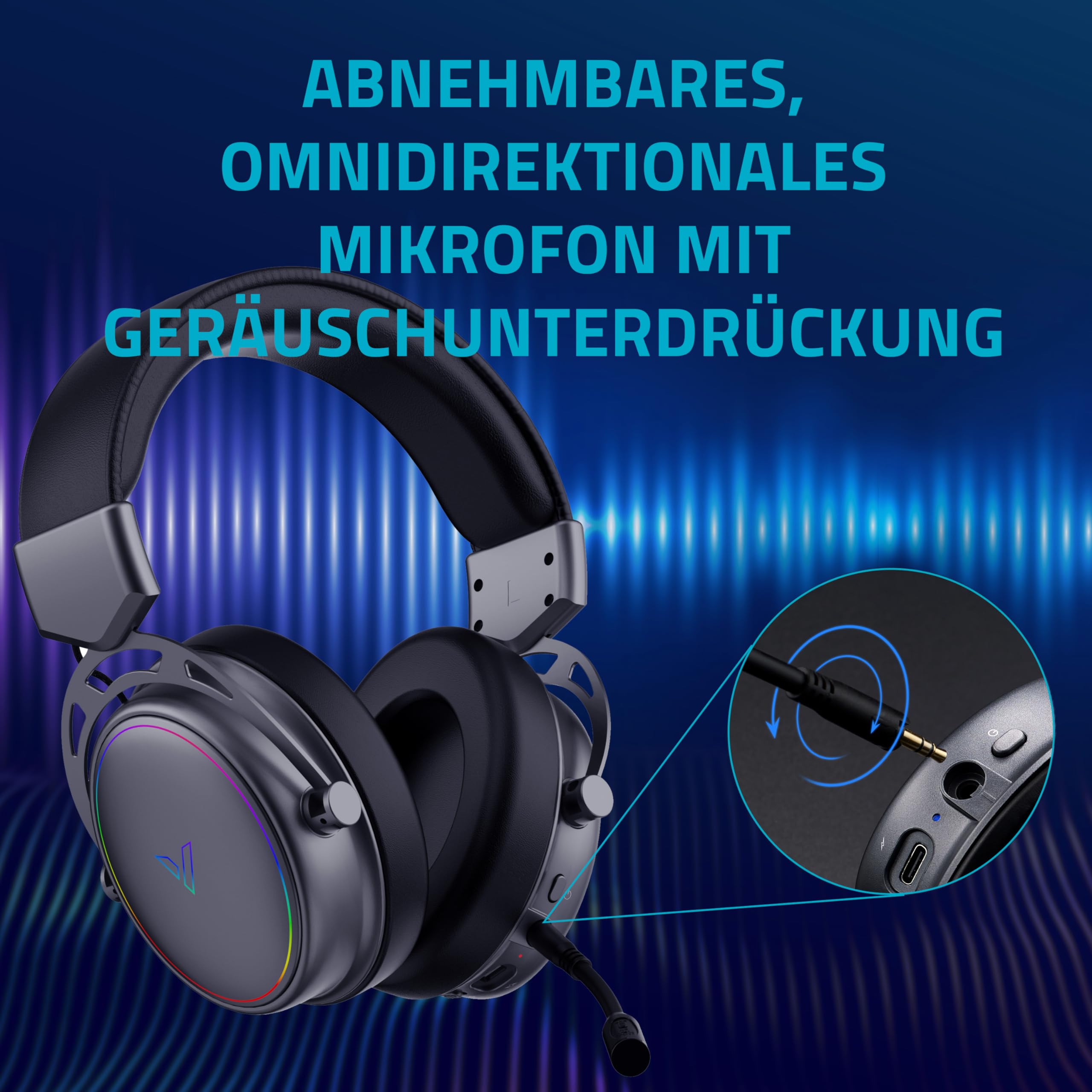 Rapoo VH800 - Cuffie wireless da gioco Over-Ear, microfono flessibile con muto, cuscinetti auricolari in ecopelle, batteria 46 ore, cuffie Bluetooth e 2,4 GHz PC/Mac/Xbox One/PS4/Nintendo Switch,