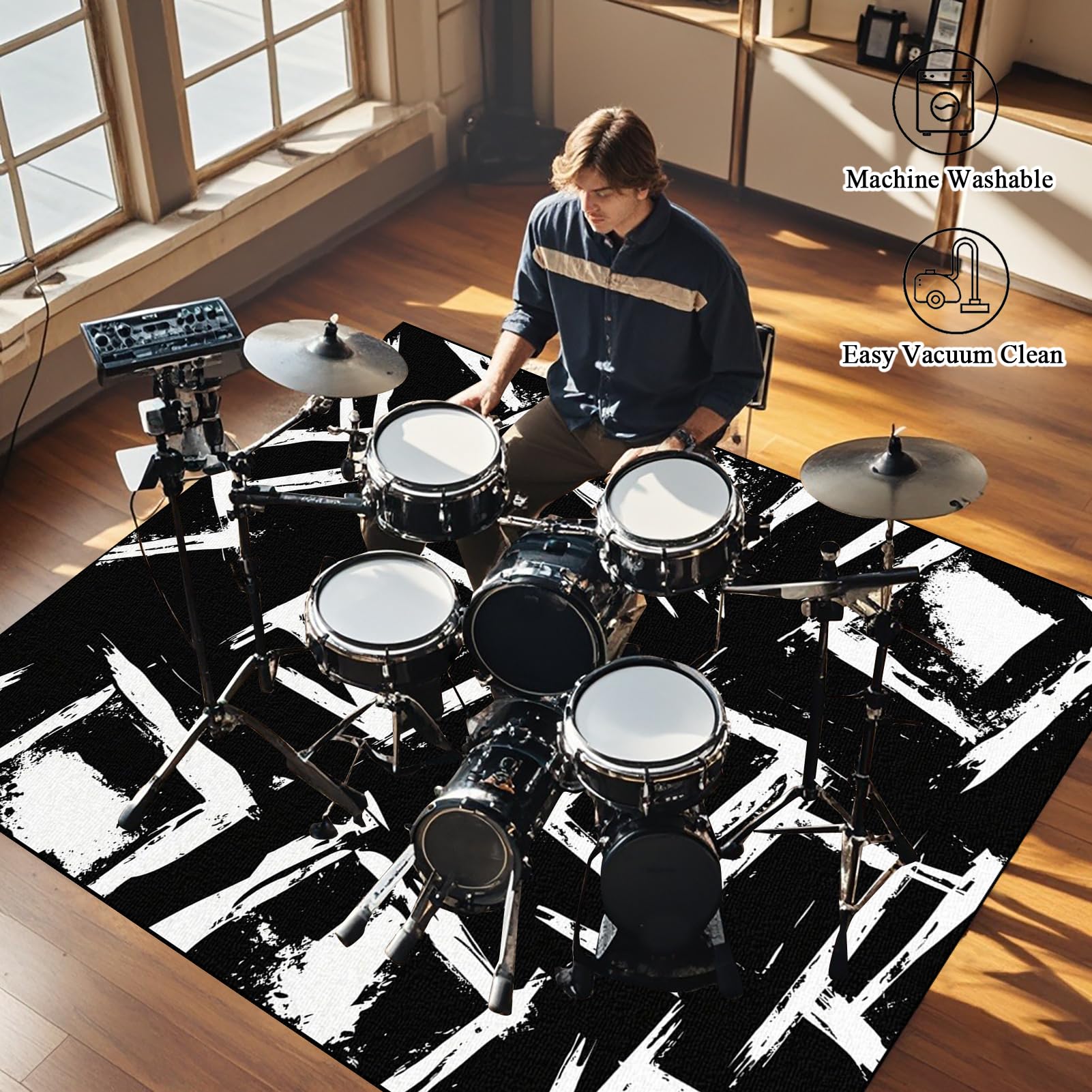 Tappeto per Batteria Insonorizzato - Tappeto per Batteria Acustica - 200 x 160 cm Tappeto Professionale per Batteria e Strumenti a Percussione Elettronici per Grancassa Rullante e Altri Strumenti
