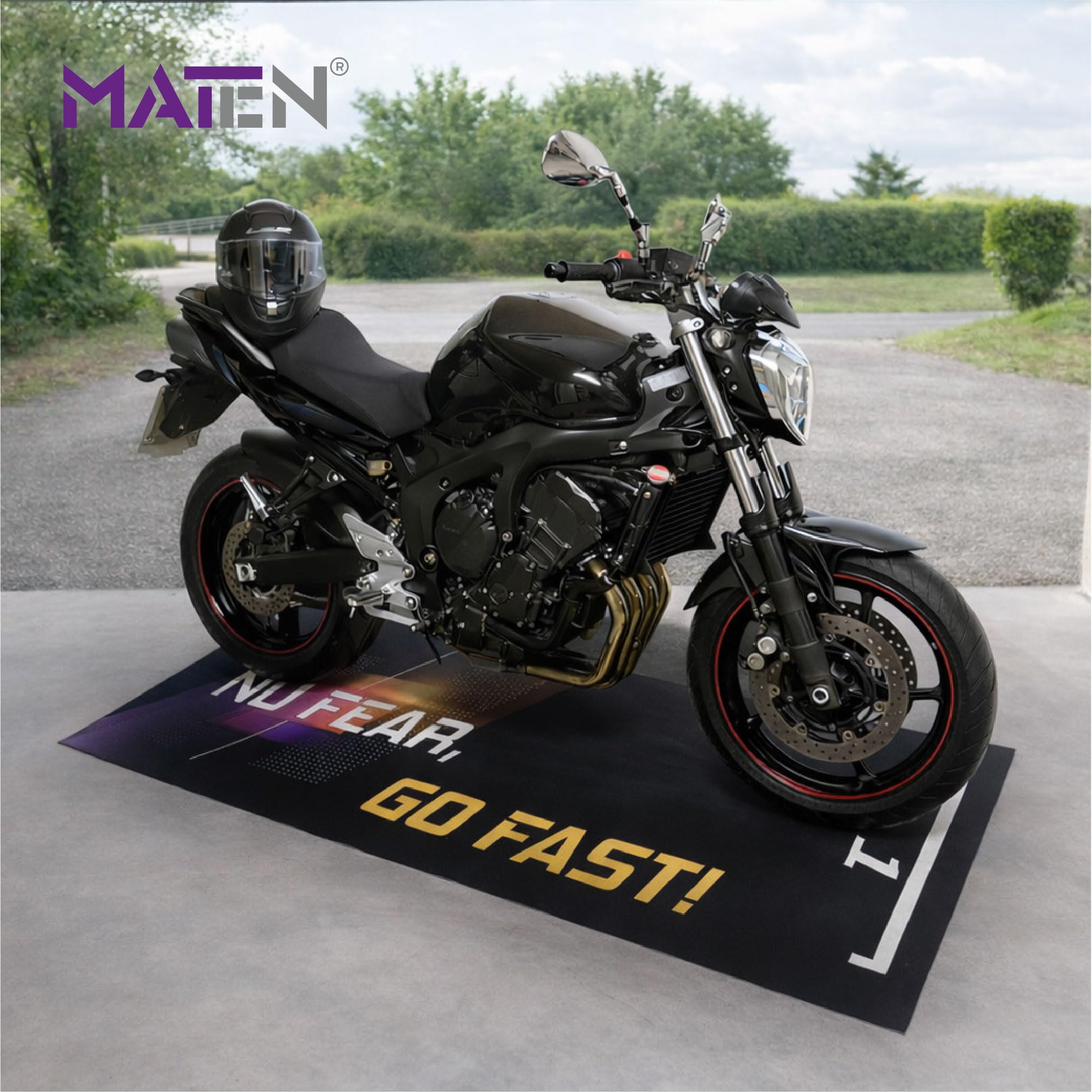 MATEN Tapis Moto pour Garage en Moquette Imprimée NO Fear, Fond antidérapant en Gel, 3 mm, idéal pour Atelier et Zone de Maintenance, Made in Italy.