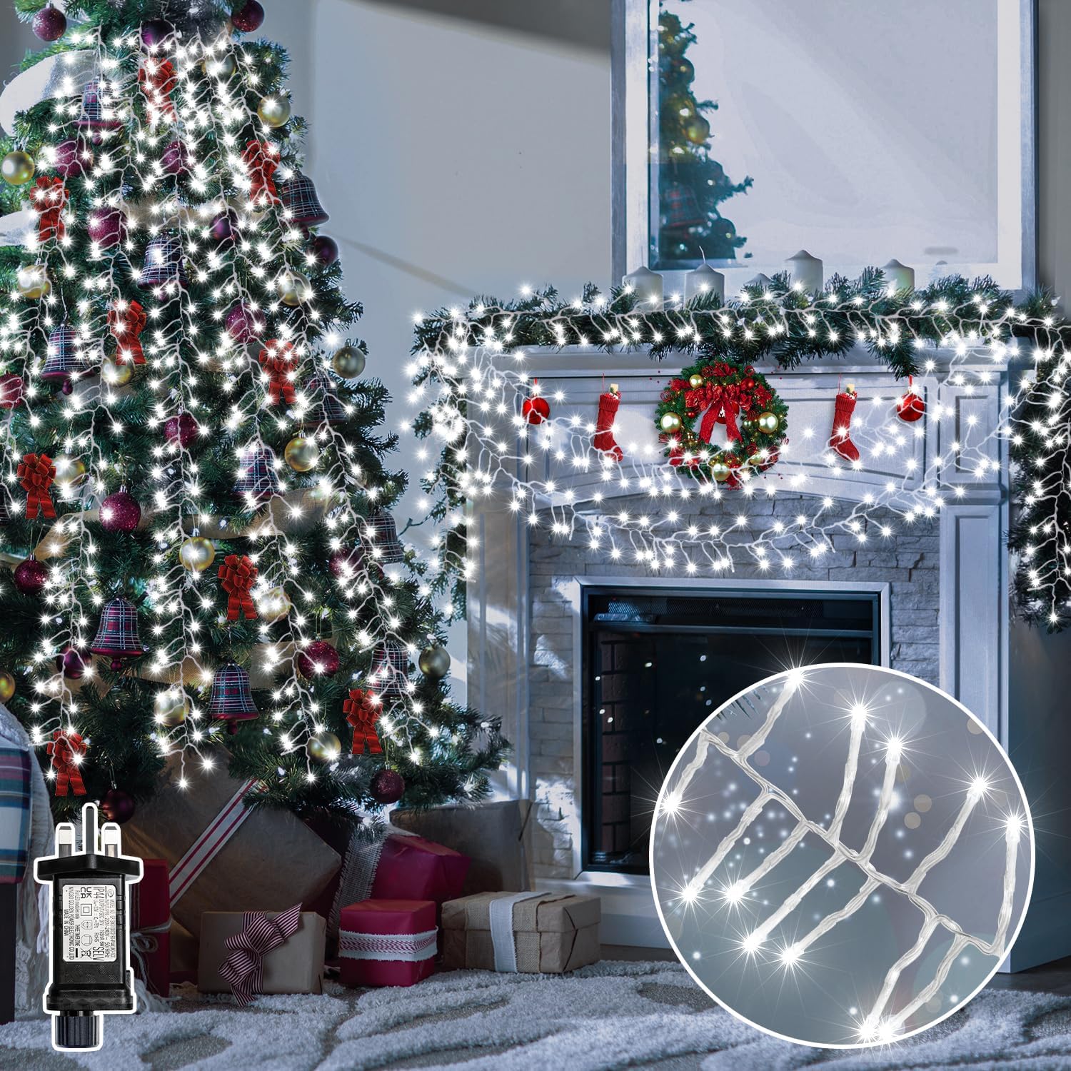 ZeMu Cluster Christmas Lights Outdoor, 9m 600LEDs Xmas Tree Fairy Lights Mains Powered with 8 Modes/Timer, Waterproof Cool White String Lights Plug in for Garland Outside Indoor Decorations