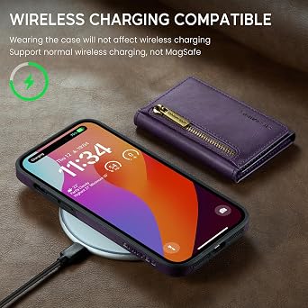 Compatible with iPhone 15 Pro (6.1''),The Upgrade 2 in 1 Detachable Back Cover& Fold Leather Wallet Phone Cases, Logo Visible,Support Wireless Charging (Purple)