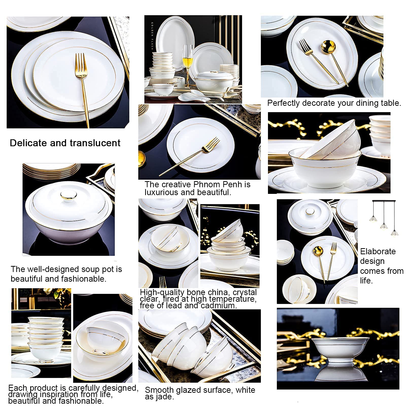 H3TF5J Zestaw stolików kości China China, 42 sztuki dla 6 osób, elegancki, spłaty złoto, bezpieczny w piekarniku mikrofalowym, nano samoczyszczące się szkliw (56 sztuk dla 10 osób)