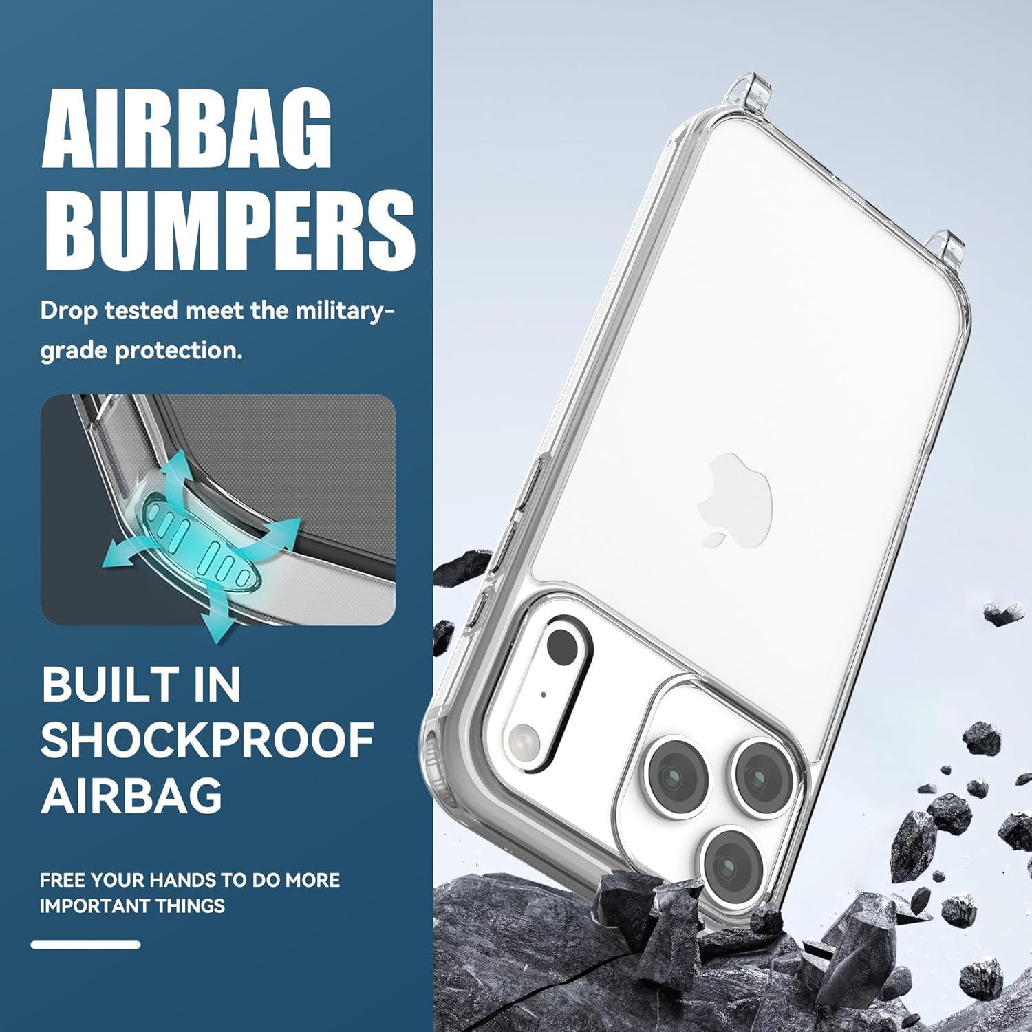 for iPhone 17 Pro Case with Strap, Clear Shockproof Crossbody Phone Cover w/Removable Anti-Theft Adjustable Lanyard for Women, Travel, Shopping, Hiking (6.3", Grey) - Image 4