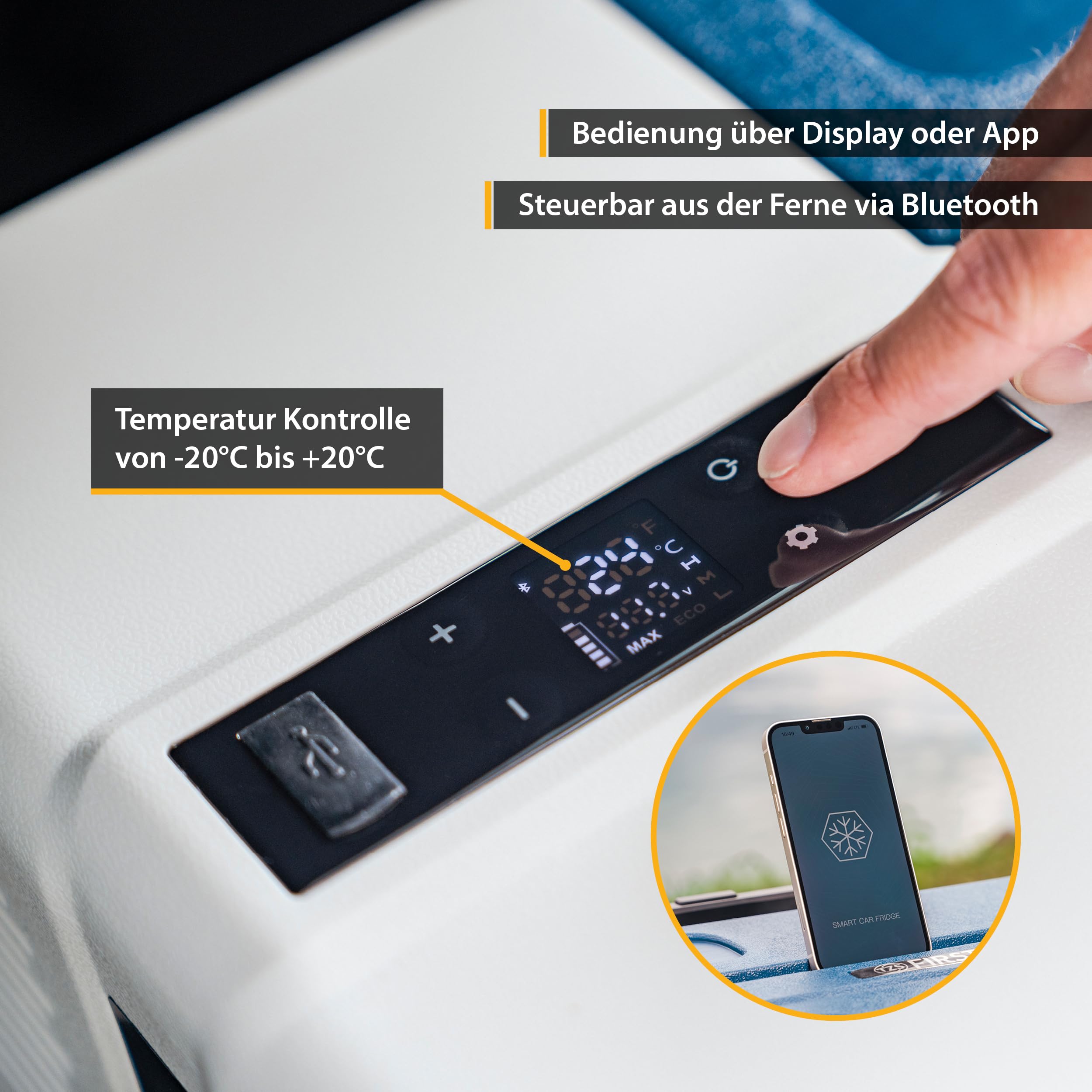TZS First Austria - Kompressor-Kühlbox 43L - bis -20°C - Bluetooth-App - 45 dB(A) - AC 100-240V DC 12V 24V - Campingkühlbox - Blau-Grau