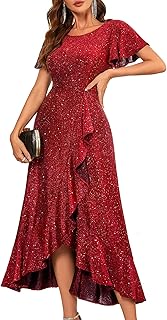 Women Sequin Formal Party Dress Flutter Short Sleeve Wedding Cocktail Long Evening Dress - Buy now