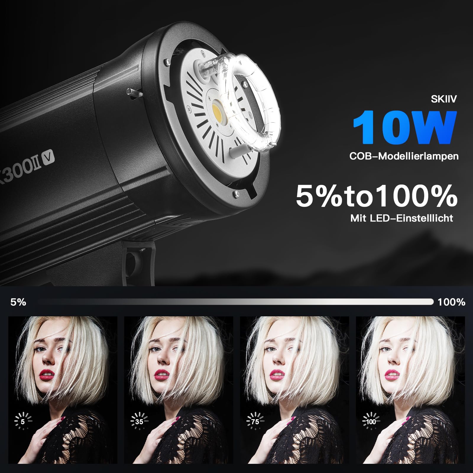 GODOX SK300IIV 300Ws Flash de Estudio Profesional Strobe con GN58,0.1-1.5S Tiempo de Reciclaje,2.4G X Sistema,Montura Bowens,10W LED Lámpara de Modelado para Rodaje, Retrato Fotografía