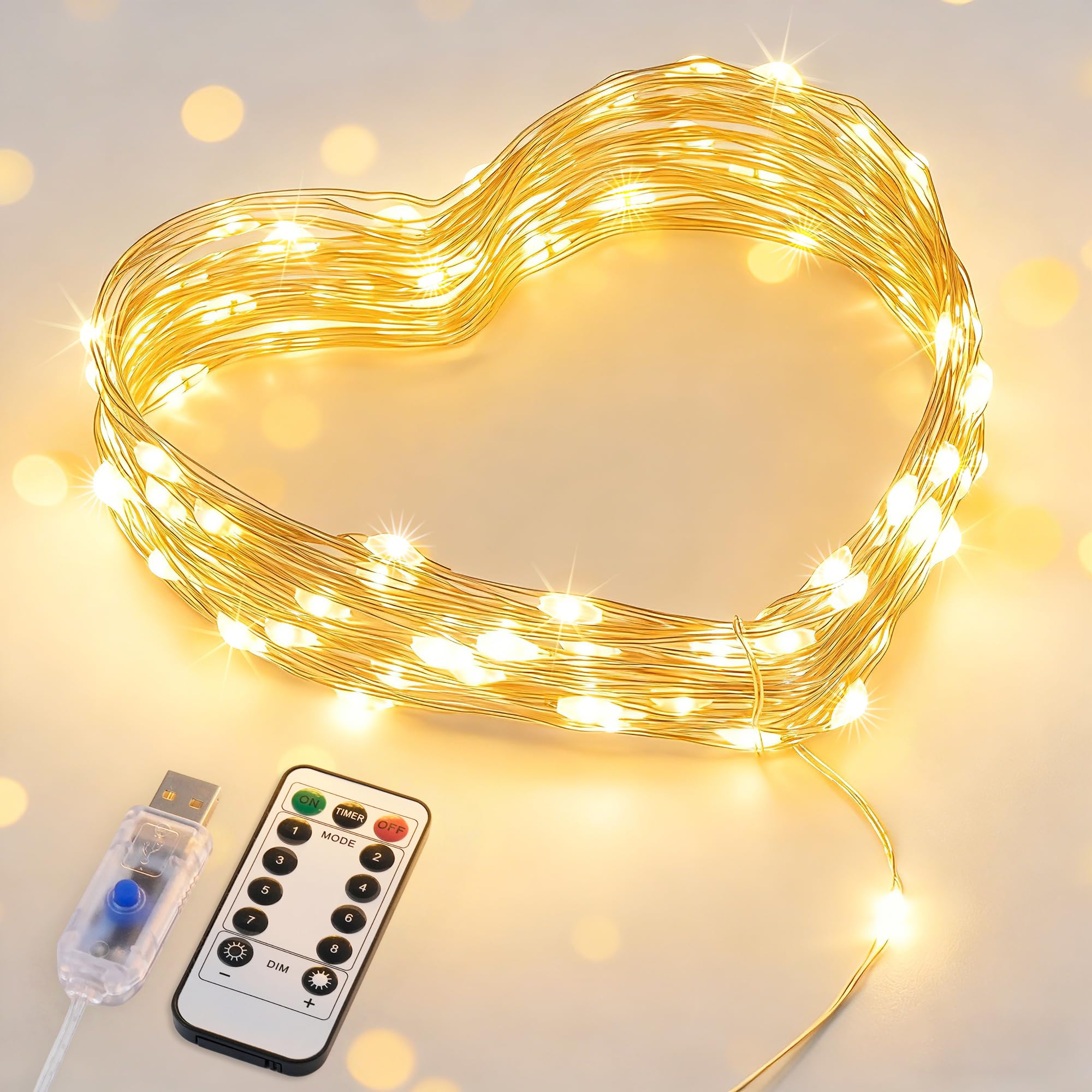 Photo 1 of JMEXSUSS USB Fairy Lights for Bedroom, 33ft 100 LED Twinkle Lights Plug in with Remote, Indoor String Light for Dorm Girl's Room Tent DIY Birthday Gift Party Decor, Silver Wire, Warm White,Timer