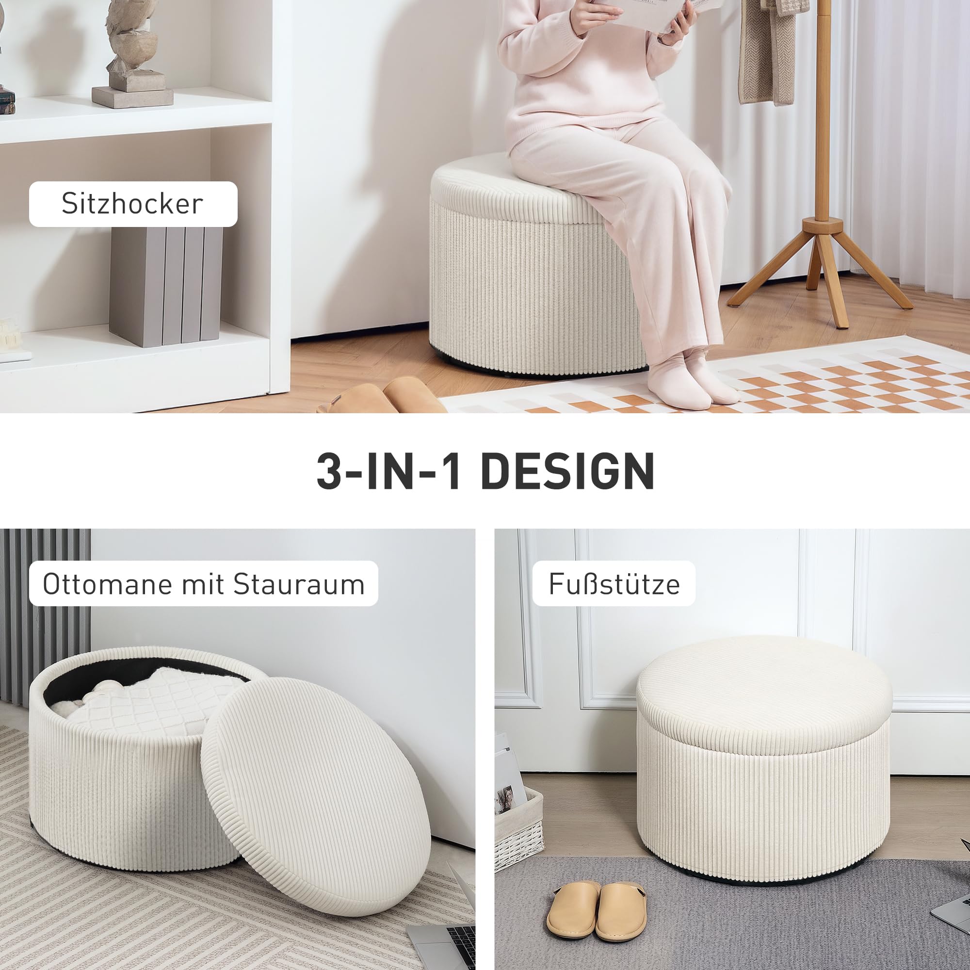 HOMCOM Sitzhocker mit Stauraum mit Deckel 60 x 60 x 41 cm Beige Cord