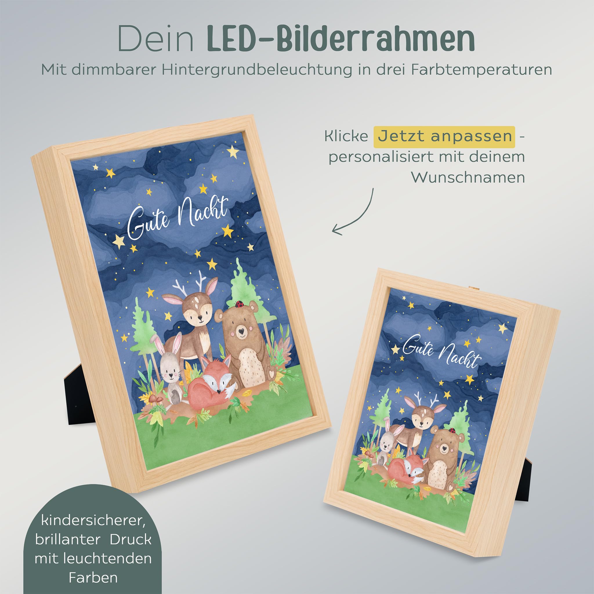 wunderwunsch Magica cornice illuminata personalizzata, regalo di nascita, regalo di compleanno per bambini, regalo di compleanno per bambini con nome indivuale (buona notte, piccolo)