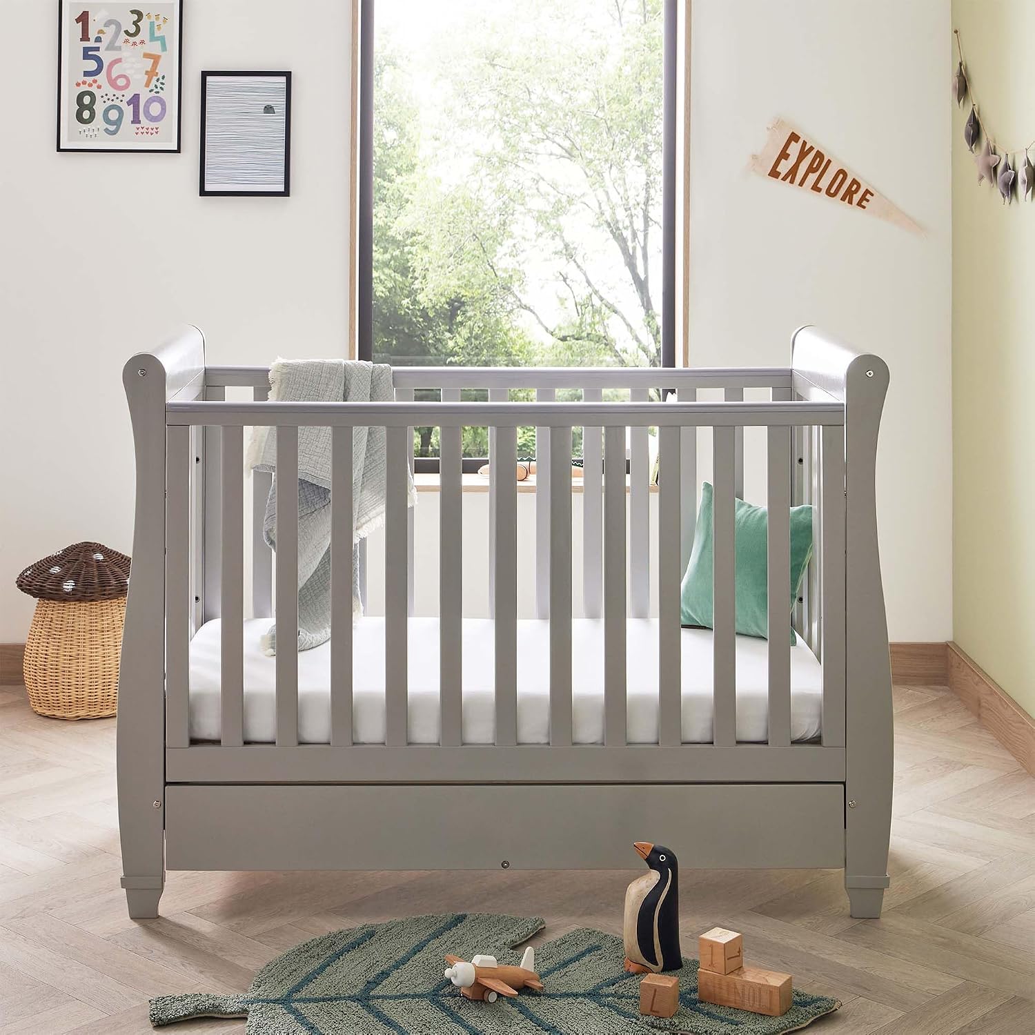 Babymore Eva Sleigh Cot Bed Grey Drop Side Cot Bed With Mattress