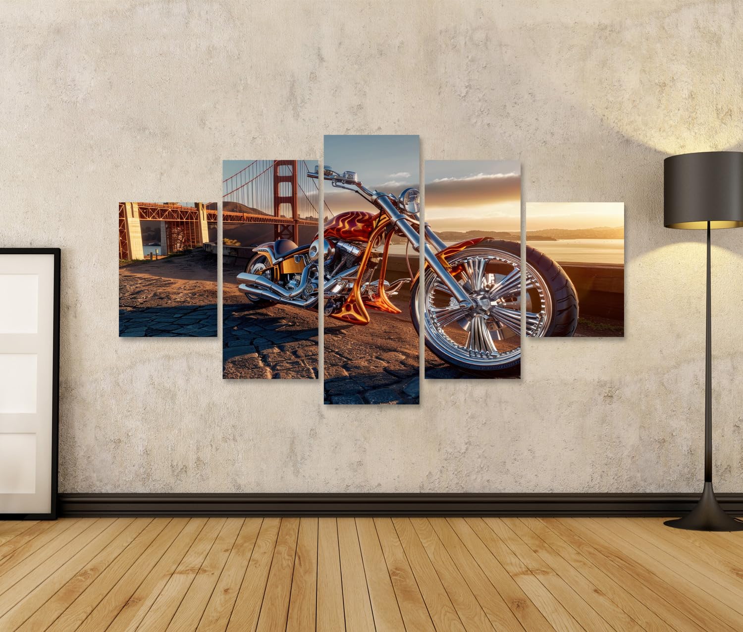 islandburner Quadro su tela moto a Golden Gate Ponte al sole della sera per soggiorno amanti della moto vintage officina moto immagini poster