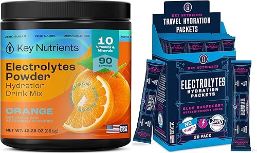 KEY NUTRIENTS Paquete de electrolitos en polvo sin azúcar, polvo de electrolitos naranja (90 porciones) + paquetes de electrolitos de frambuesa azul