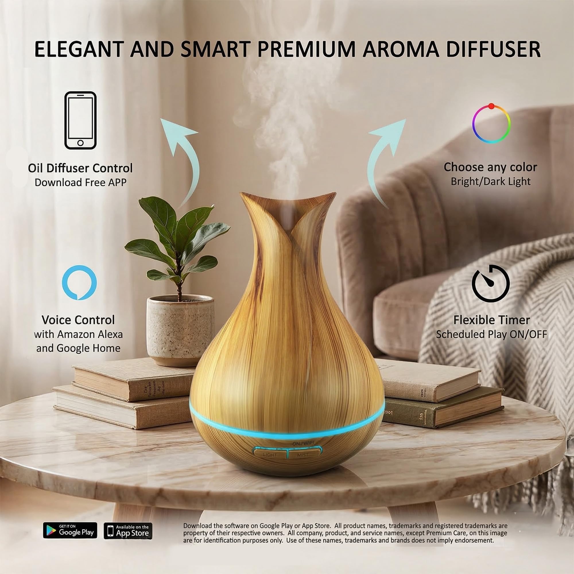 Sierra Modern Home Smart WiFi Humidifier - Aromatherapy Essential Oil Diffusers with App Control & Voice Control - Works with Alexa & Google Home - 400ml Ultrasonic Diffuser & Humidifier -: Light Brown
