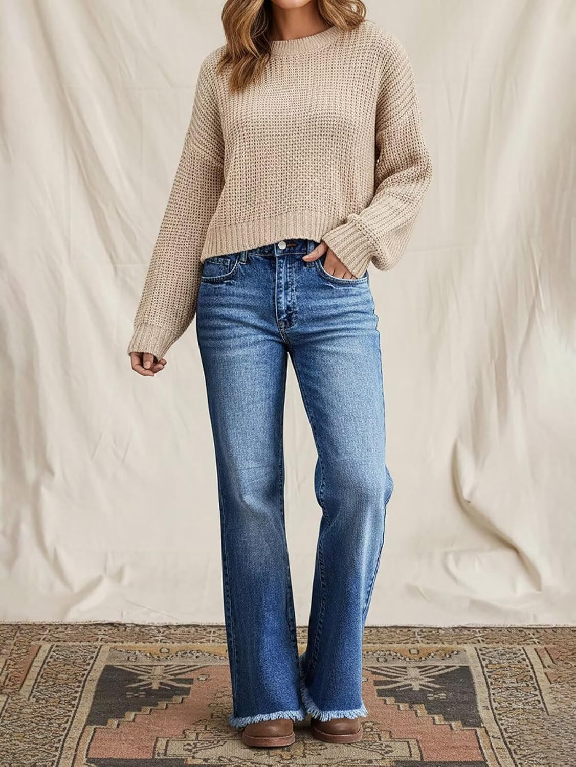 Flamingals Straight Leg Jeans for Women Mid Waist Raw Hem Vintage Wash Stretchy Wide Leg Casual Baggy Denim Jeans - Image 2