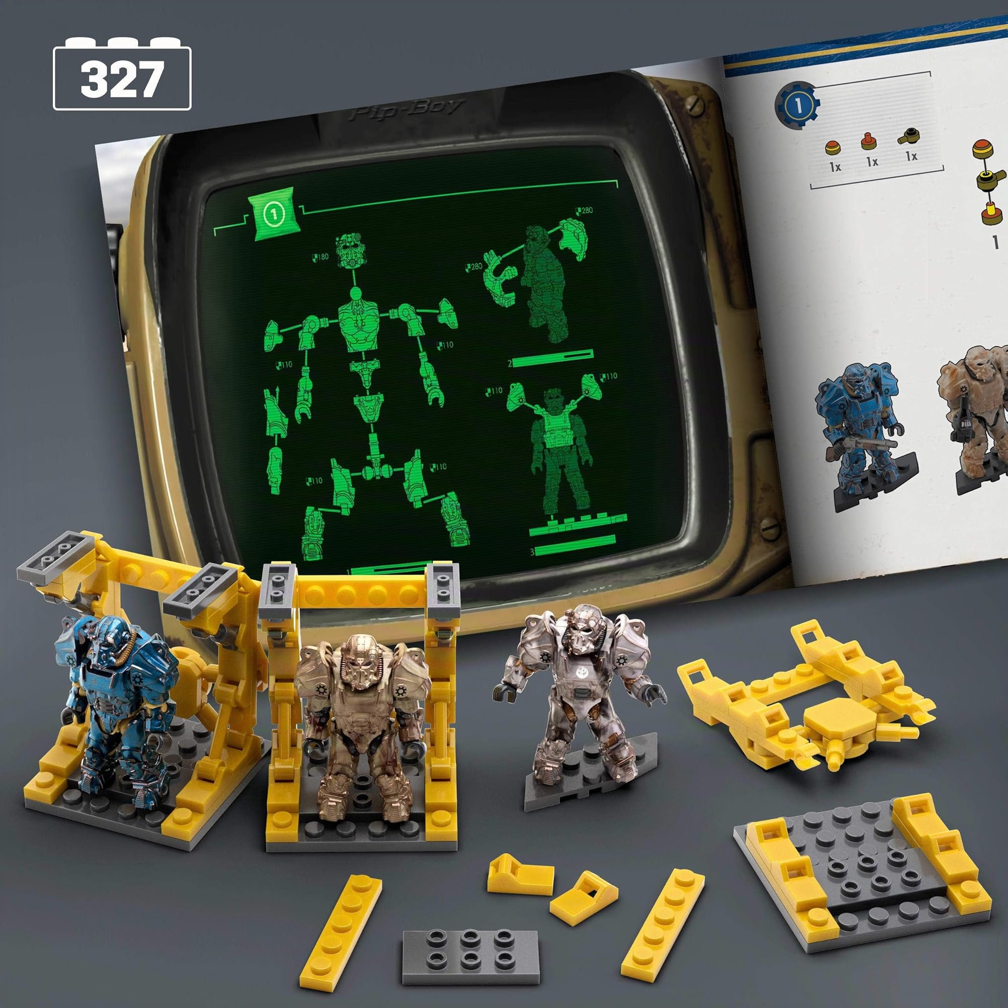 Mega Fallout - Juguete de construcción de Figuras de acción, colección T-60 Power Armor con 327 Piezas, 5 Micro Figuras de acción y Accesorios, para coleccionistas