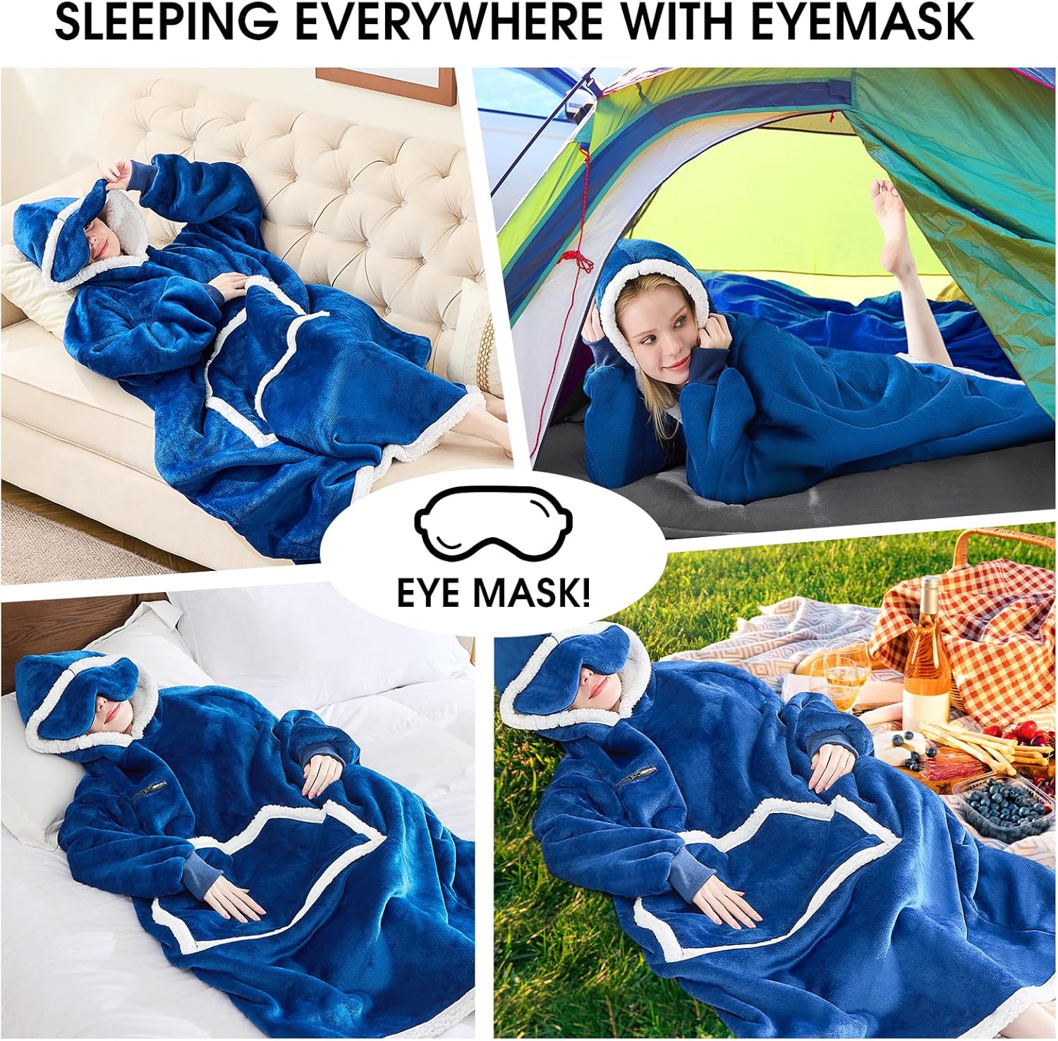 IFNOW Wearable Blanket Hoodie, Oversized Sherpa Fleece Hooded Sweatshirt with Eye Mask, Cozy and Giant Blanket Hoodie with Sleeves Extra Long for Adults Men Women, Navyblue - Image 8