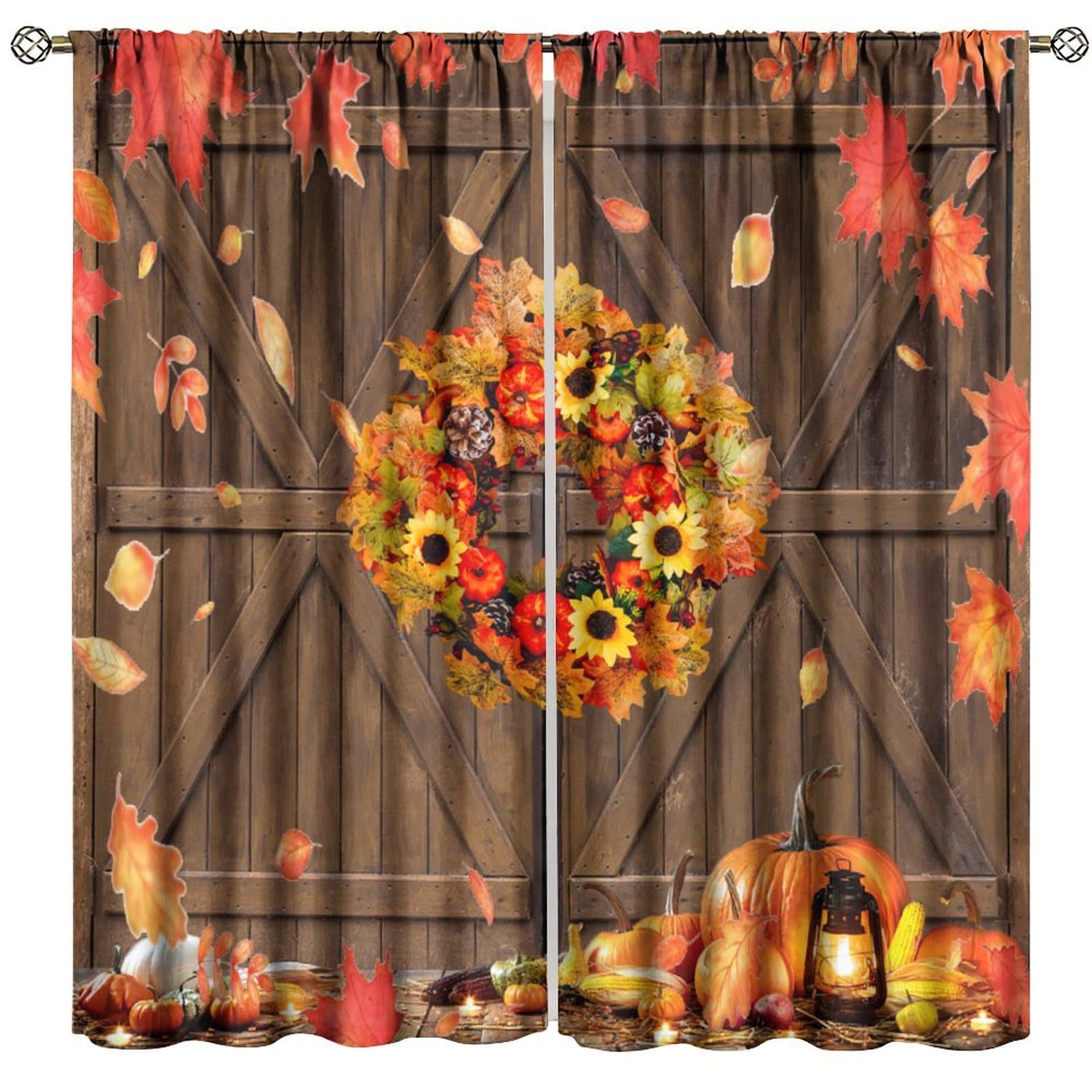 BenYaSong Rustic Autumn Blackout Window Curtain，Pumpkins Wood Barn Door Sunflowers Fall Thanksgiving Harvest Farmhouse for Home Kitchen Livingroom Coffee Room Window Curtain 2Panel 52" W X 96" L