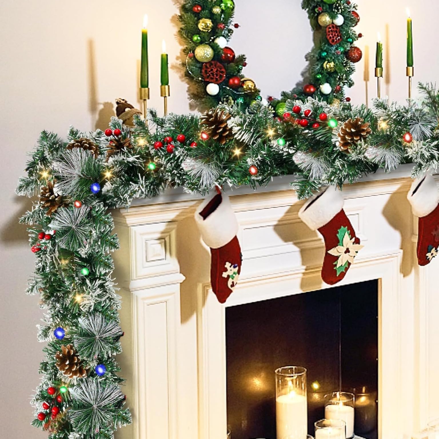 Weihnachtsdekoration, Girlande, 1,8 m, Weihnachtsgirlande mit Lichtern für Zuhause, Treppen, Kamine, Wände, künstliche Girlanden, Weihnachtsdekoration für drinnen und draußen