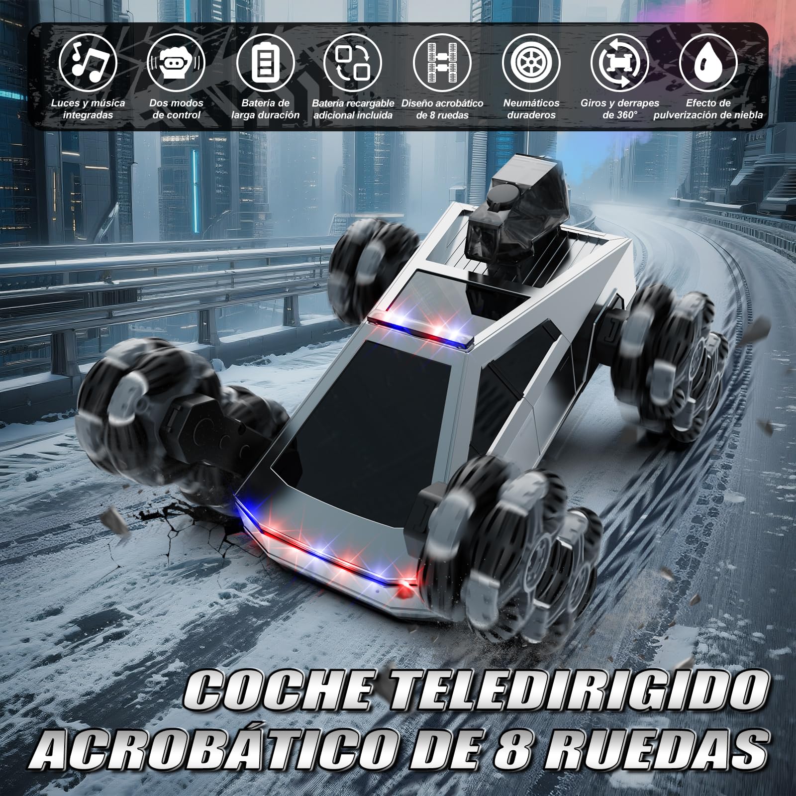 Coche Teledirigido RC Acrobático 8 Ruedas, Vehículo Todoterreno con Mando a Distancia & Control Manual, Luces LED, Música, Spray, Juguete para Niños 5-11 Años, Regalo Cumpleaños, Navidad y Reyes Magos