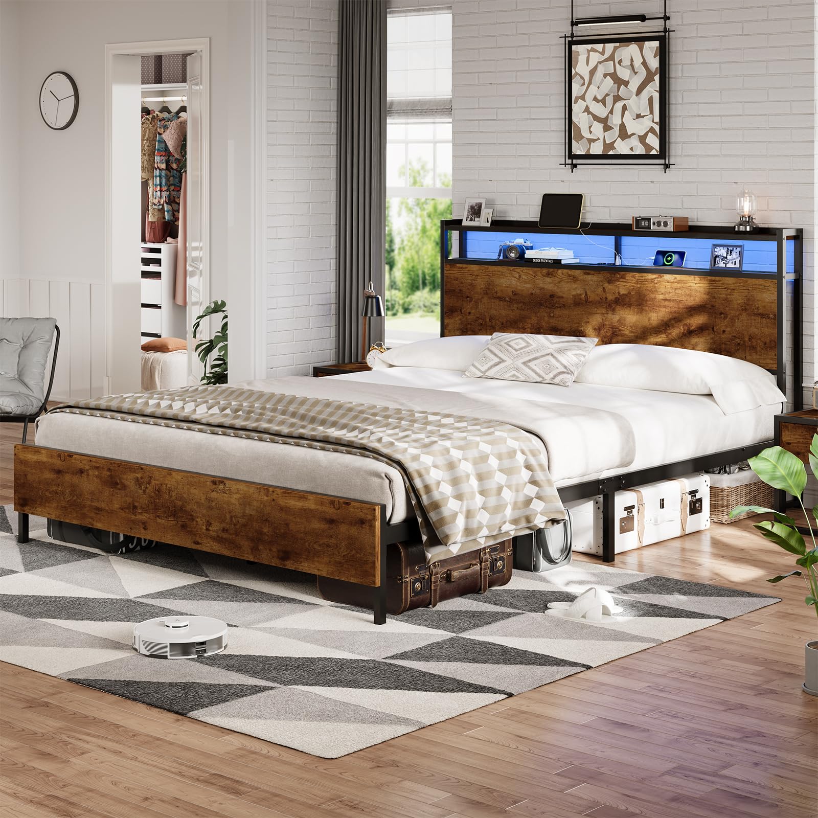 DICTAC Bett 140x200 cm mit LED Beleuchtung,Metall Doppelbett mit Steckdose und USB-Ladefunktion, Bettgestell 140x200 cm mit Holzkopfteil Stauraum, Bettrahmen mit Lattenrost und Stauraum unter dem Bett