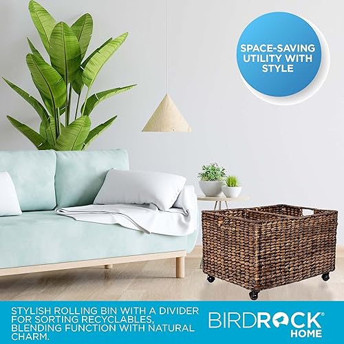 Vista 2 de BIRDROCK HOME Papelera de almacenamiento y reciclaje con ruedas, color marrón lavado, tejido a mano, carrito decorativo dividido, cocina, latas