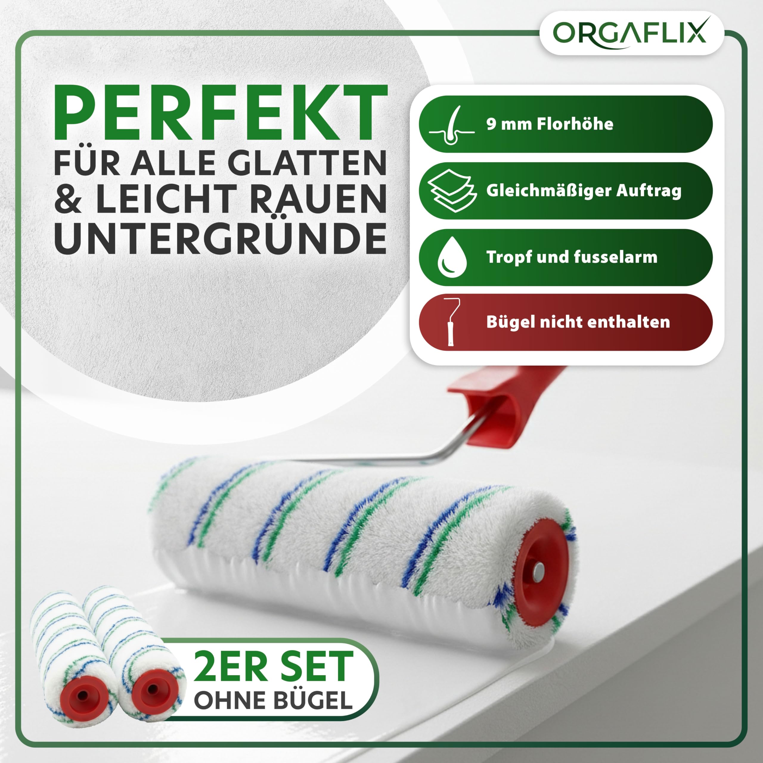 ORGAFLIX Rodillo de pintura profesional de 25 cm, 2 unidades, ideal para absorción y dispensación de color, altura de pelo aprox. 9 mm, núcleo de 48 mm, rodillo de pintura para pared, rodillo grande,